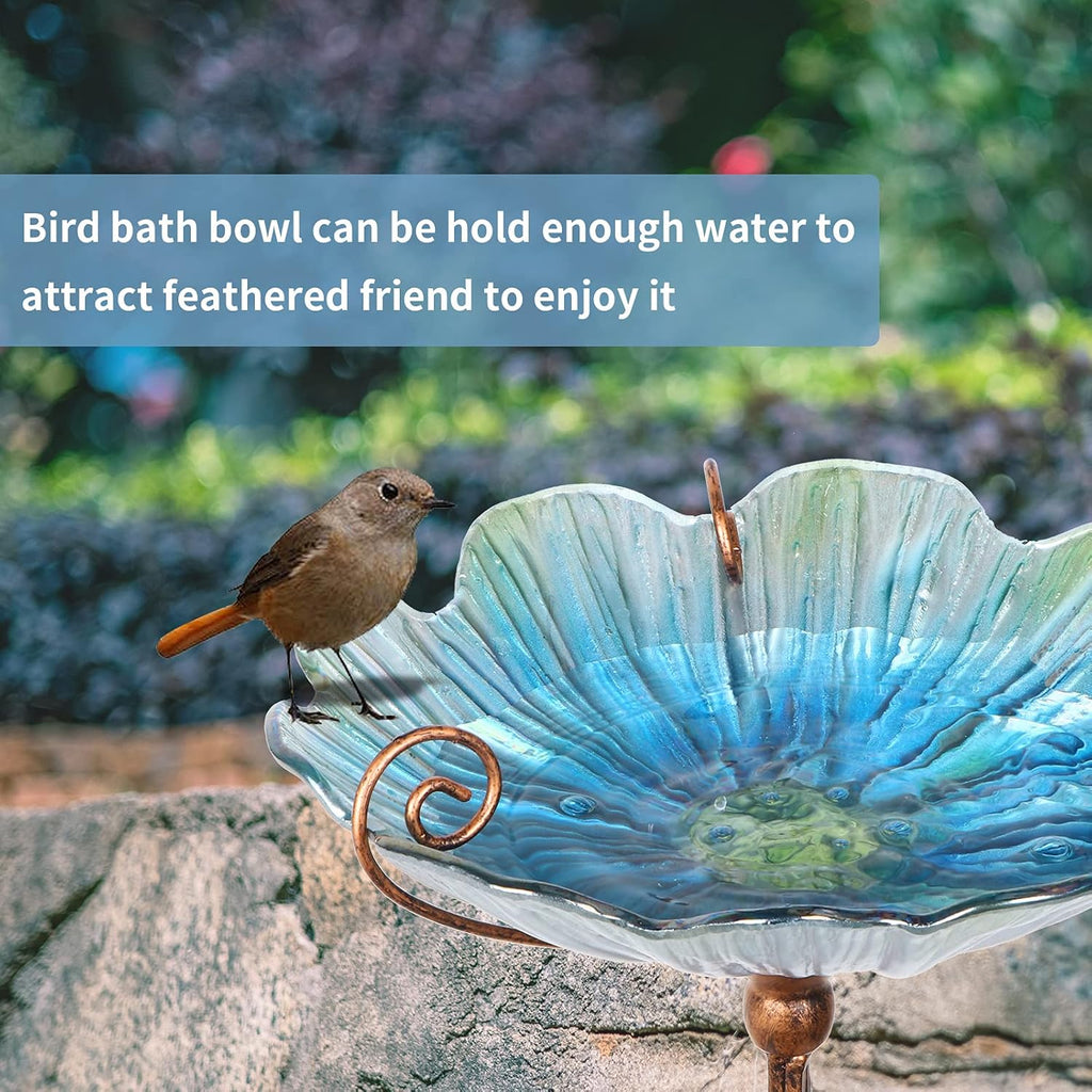 31 Inch Blue Glass Birdbath Birdfeeder with Metal Stake Outdoor Garden Yard Decor
