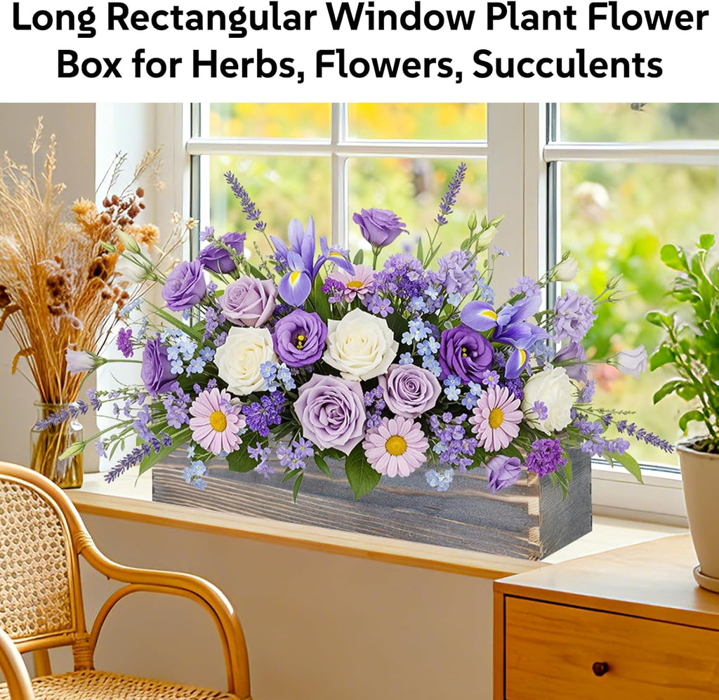 Wood Window Box Planter, 2 Pcs Rectangular Planter Boxes with Removable Plastic Liners, Herb Succulents Flowers Wooden Pot for Windowsill, Rustic Wedding Garden Table Decor, 17.3 x 3.9 x 3.9 Inches