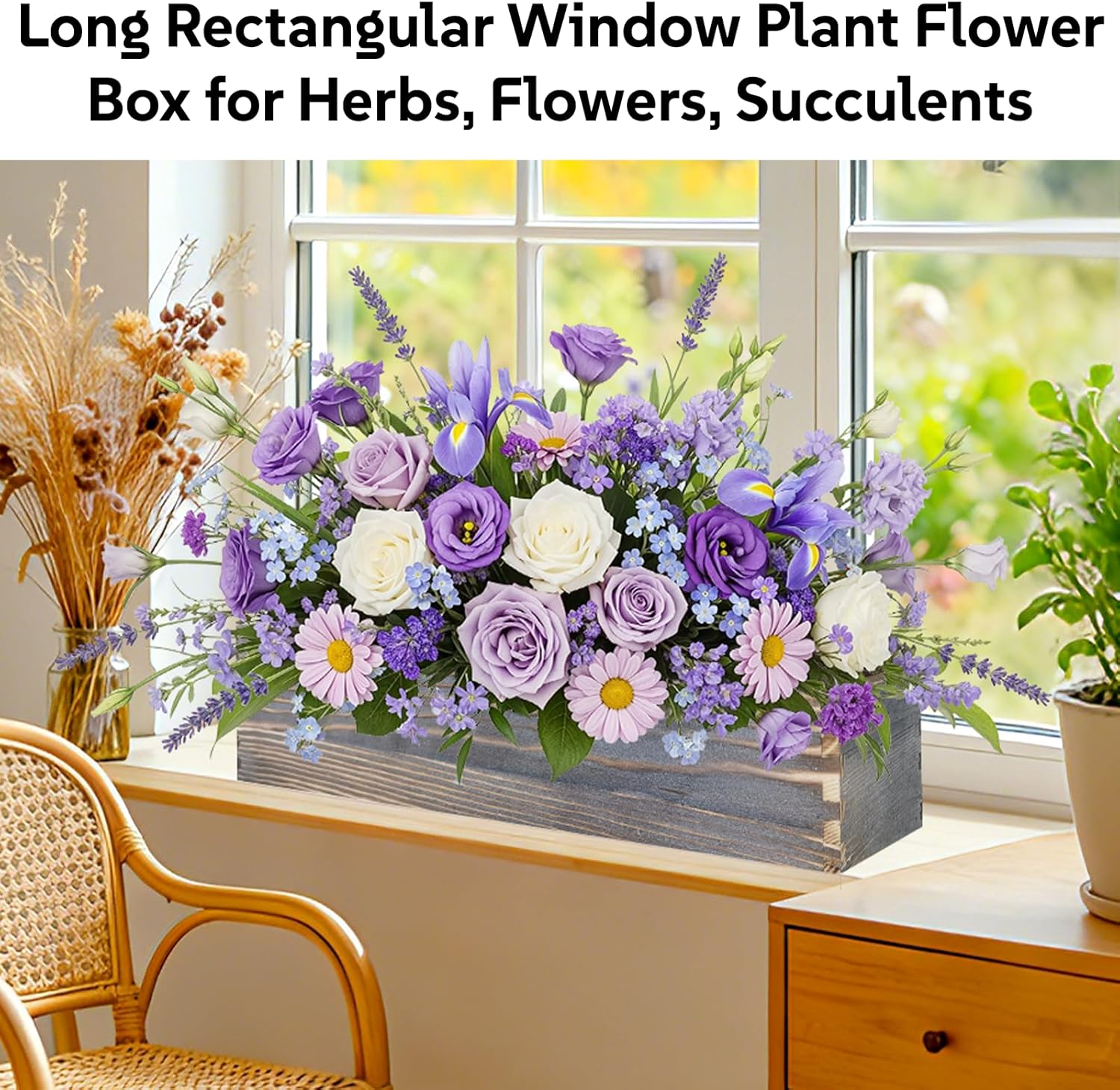 Wood Window Box Planter, 2 Pcs Rectangular Planter Boxes with Removable Plastic Liners, Herb Succulents Flowers Wooden Pot for Windowsill, Rustic Wedding Garden Table Decor, 17.3 x 3.9 x 3.9 Inches