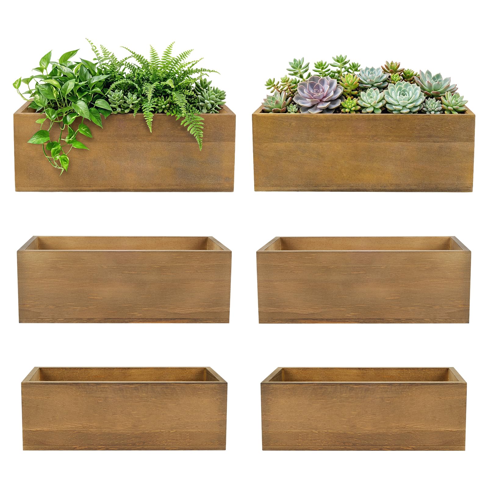 6 Pcs Rustic Wooden Boxes for Storage, Decorative, Display, Arts & Crafts, Rectangle Wooden Crate Wood Planter Box Party Food Risers Wedding Table Centerpiece Home Decor, Brown
