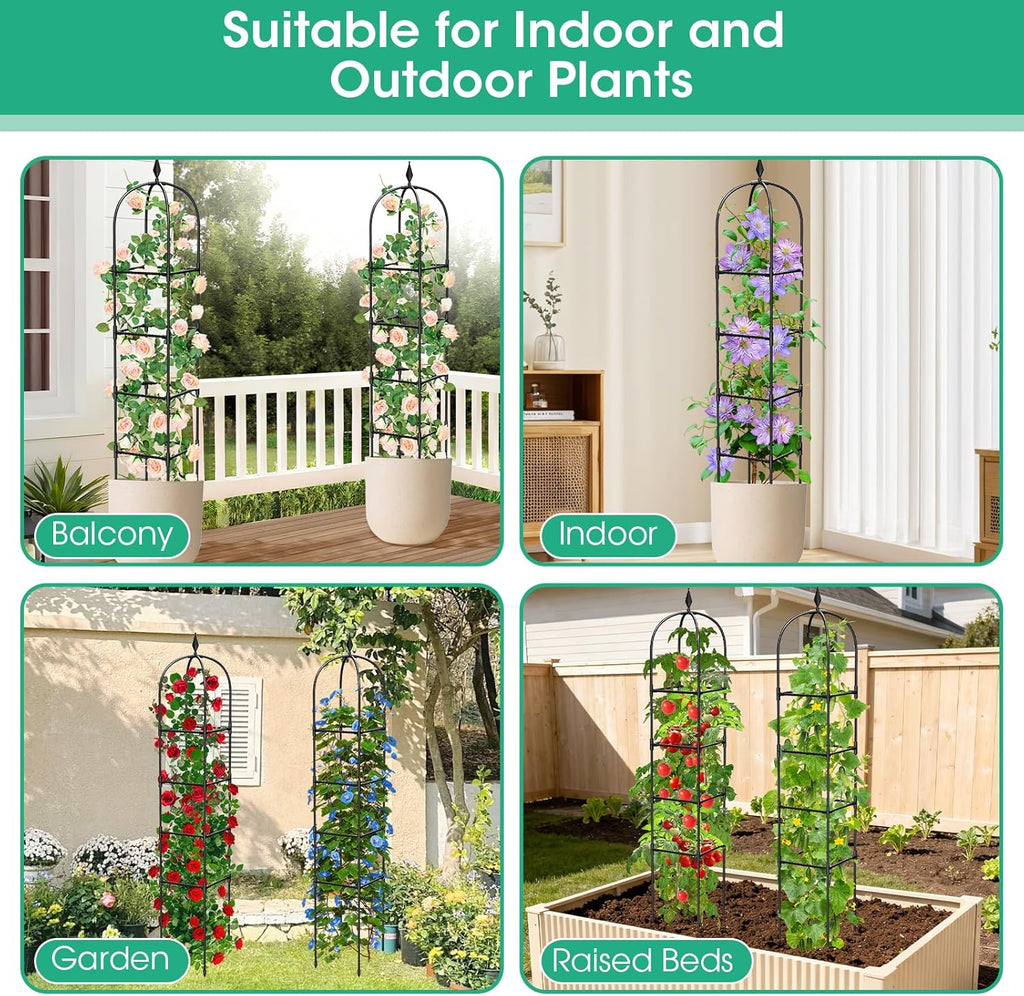 2 Pack 71" Black 4-Tier Rustproof Metal Garden Obelisk Trellis Tower Plant Support for Rose Flowers Fruits Vines Indoor Outdoor Potted Plants