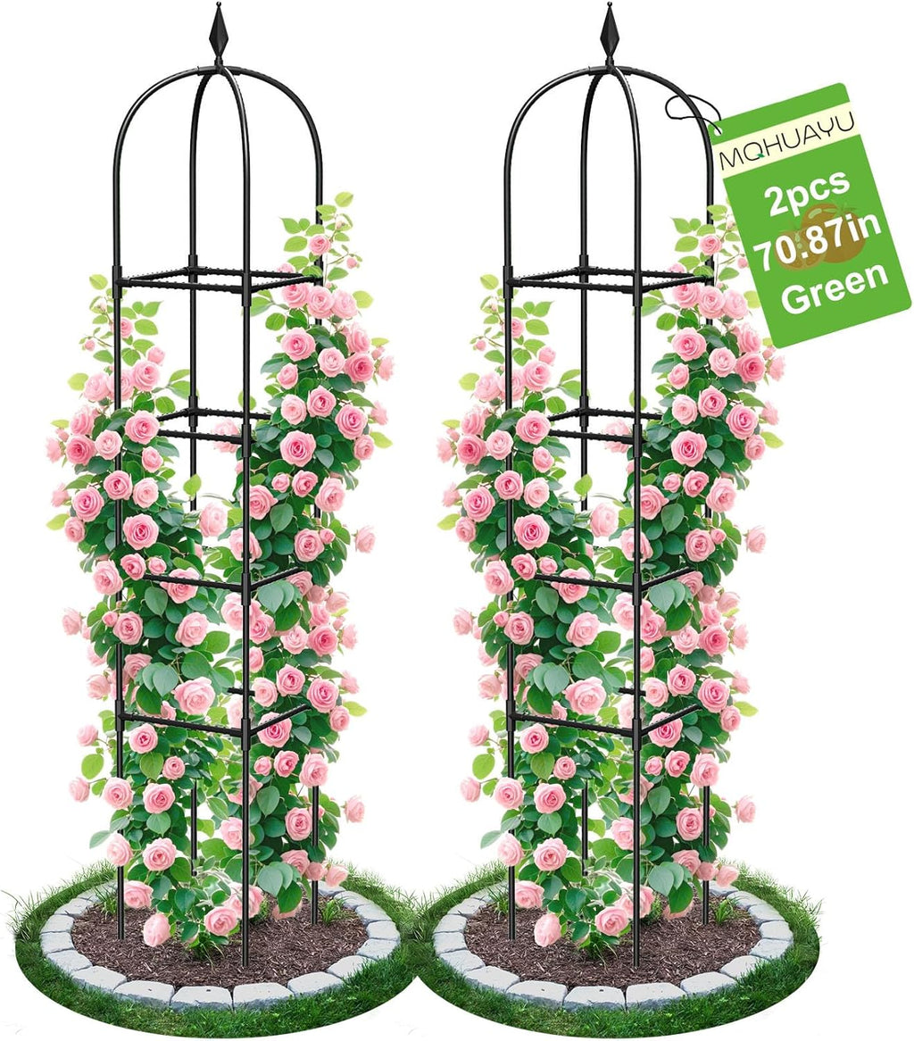 2 Pack 71" Black 4-Tier Rustproof Metal Garden Obelisk Trellis Tower Plant Support for Rose Flowers Fruits Vines Indoor Outdoor Potted Plants