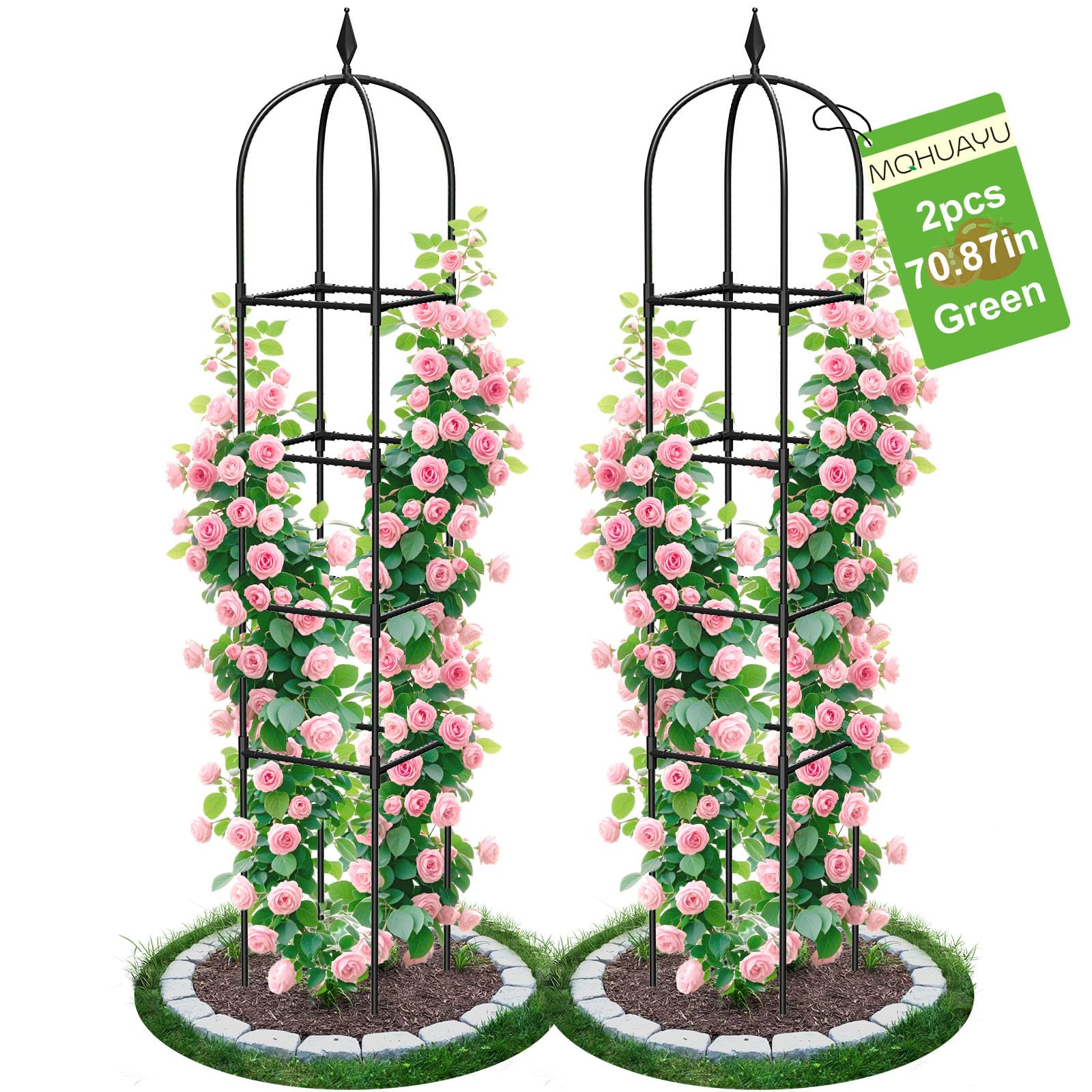 2 Pack 71" Black 4-Tier Rustproof Metal Garden Obelisk Trellis Tower Plant Support for Rose Flowers Fruits Vines Indoor Outdoor Potted Plants
