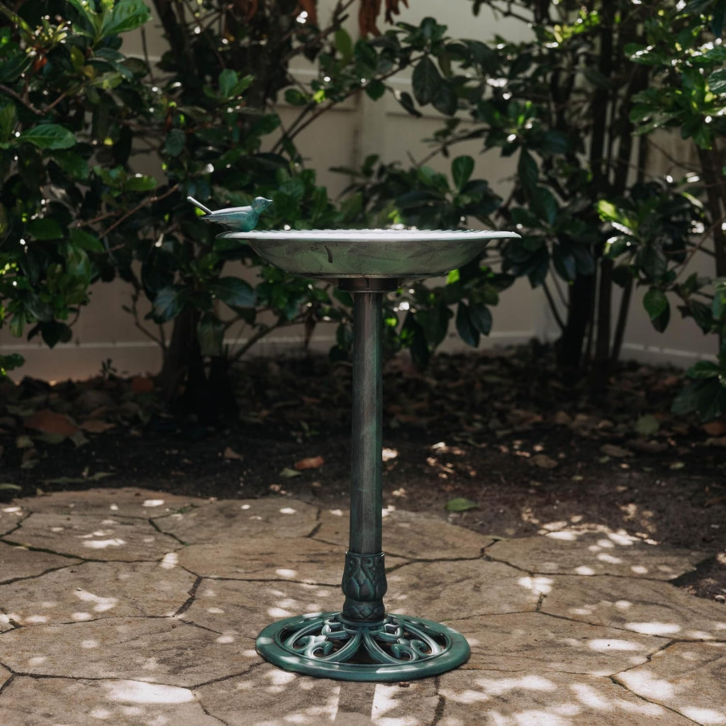 Backyard Expressions Outdoor Garden Bird Bath with Bird - Green - Weather Resistant Polyresin - 30 Inch -