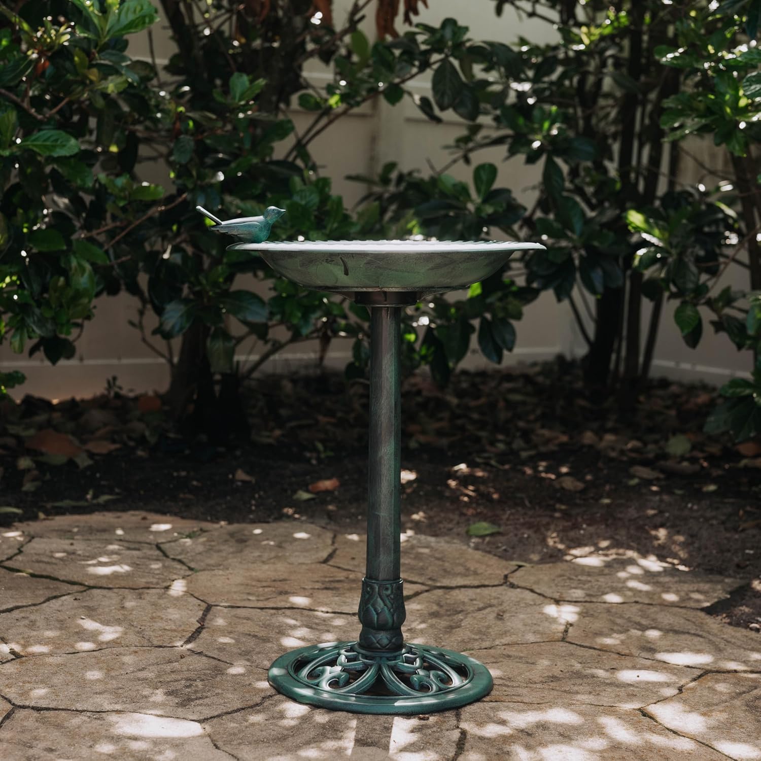 Backyard Expressions Outdoor Garden Bird Bath with Bird - Green - Weather Resistant Polyresin - 30 Inch -
