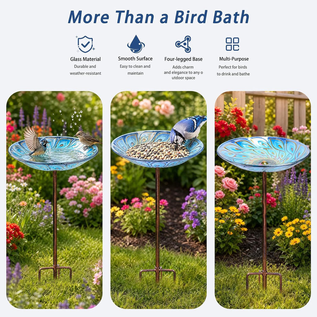 MUMTOP Glass Bird Bath, Garden Outdoor Birdbaths Birdfeeder with Metal Stake Peacock
