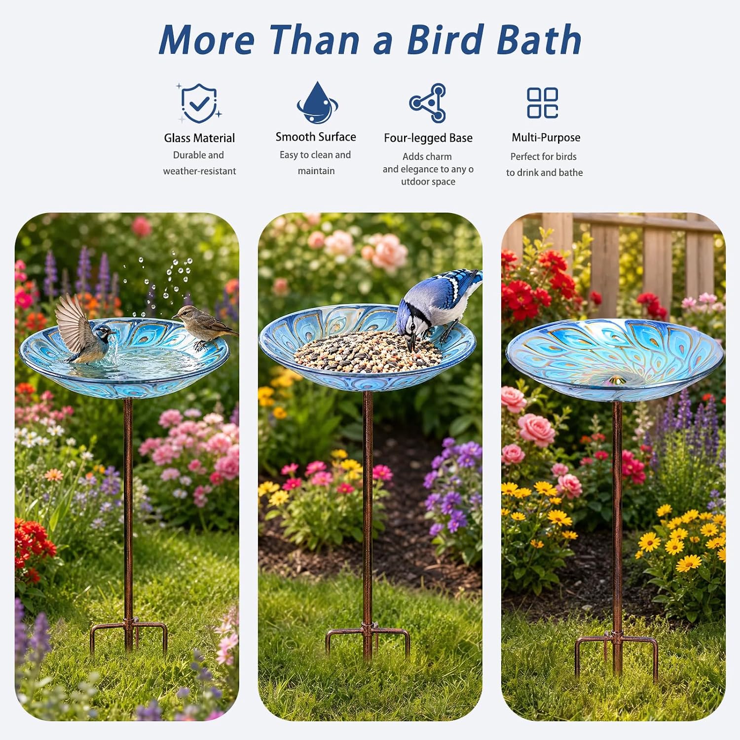MUMTOP Glass Bird Bath, Garden Outdoor Birdbaths Birdfeeder with Metal Stake Peacock