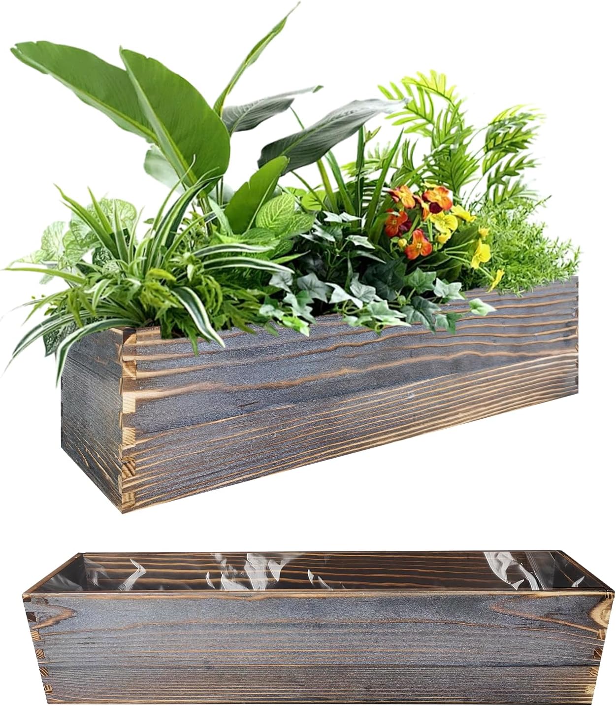 Wood Window Box Planter, 2 Pcs Rectangular Planter Boxes with Removable Plastic Liners, Herb Succulents Flowers Wooden Pot for Windowsill, Rustic Wedding Garden Table Decor, 17.3 x 3.9 x 3.9 Inches