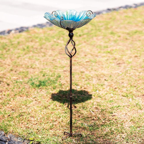 31 Inch Blue Glass Birdbath Birdfeeder with Metal Stake Outdoor Garden Yard Decor
