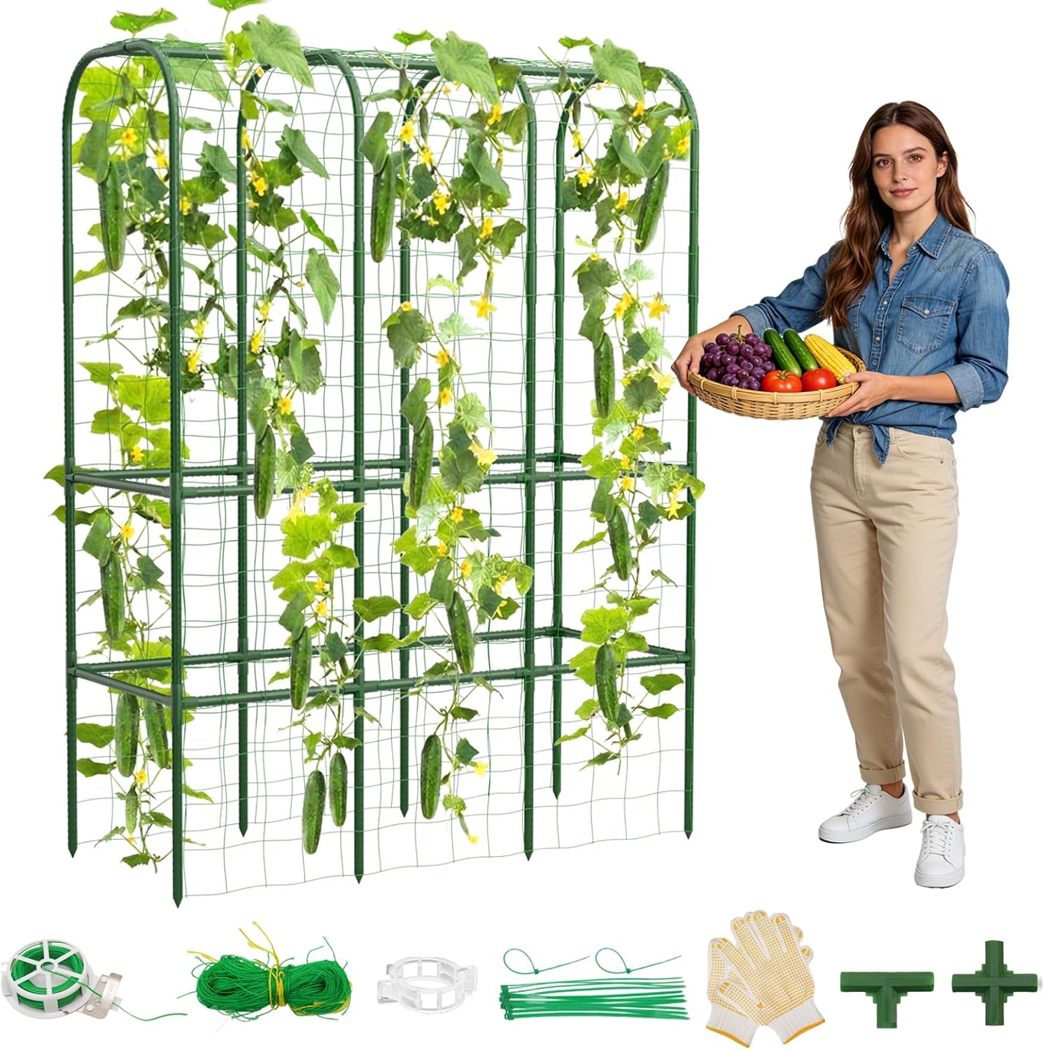 62" Tall Cucumber Trellis for Raised Bed, Garden Trellis for Climbing Plants Outdoor, U-Shape Metal Arch Vegetables Trellis Plant Support for Zucchini Squash Vines