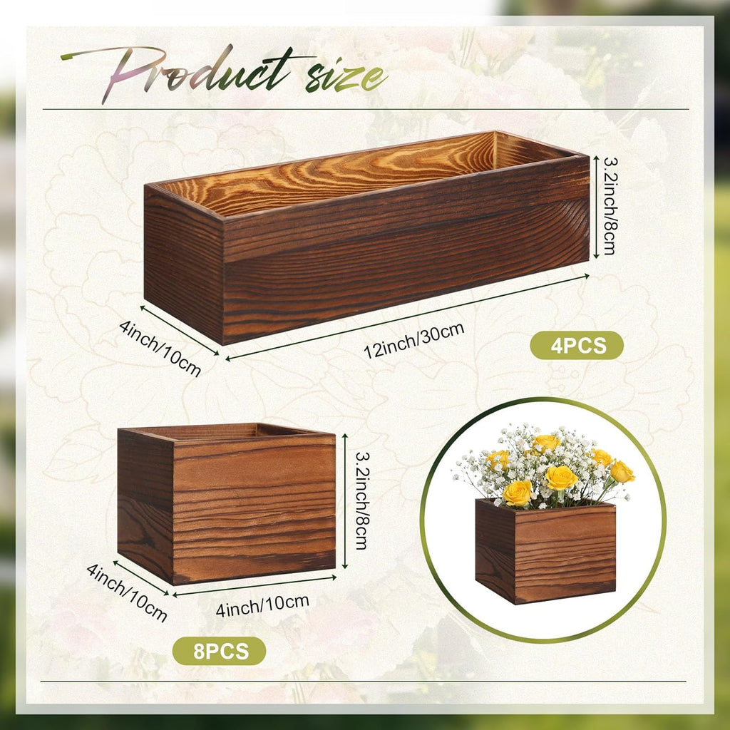 Leinuosen 12 Wooden Planter Boxes Set, 4 Pcs 12 x 4 Inch Rectangle Wood Planter Box 8 Pcs 4 x 4 Inch Wooden Cube Flower Pots Rustic Square Wood Vase for Centerpiece Wedding Decoration(Classic,Brown)