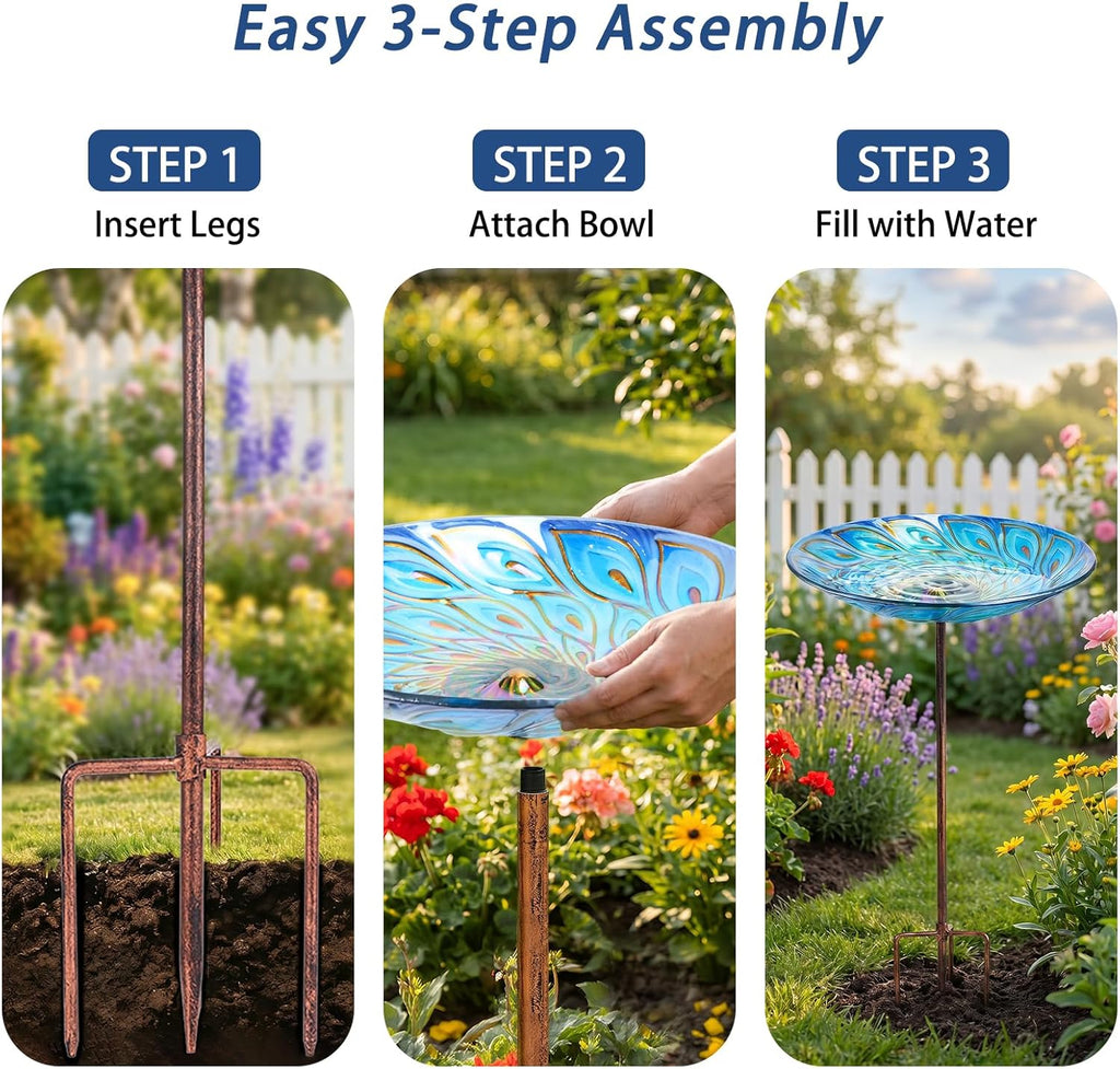 MUMTOP Glass Bird Bath, Garden Outdoor Birdbaths Birdfeeder with Metal Stake Peacock