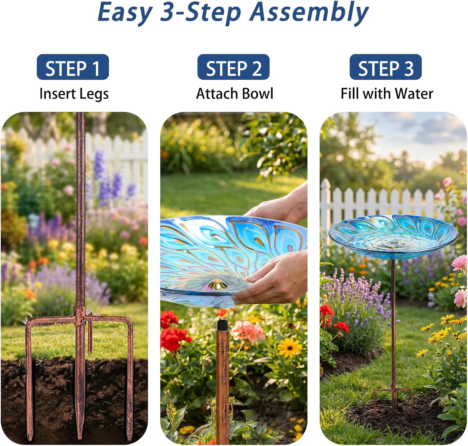MUMTOP Glass Bird Bath, Garden Outdoor Birdbaths Birdfeeder with Metal Stake Peacock