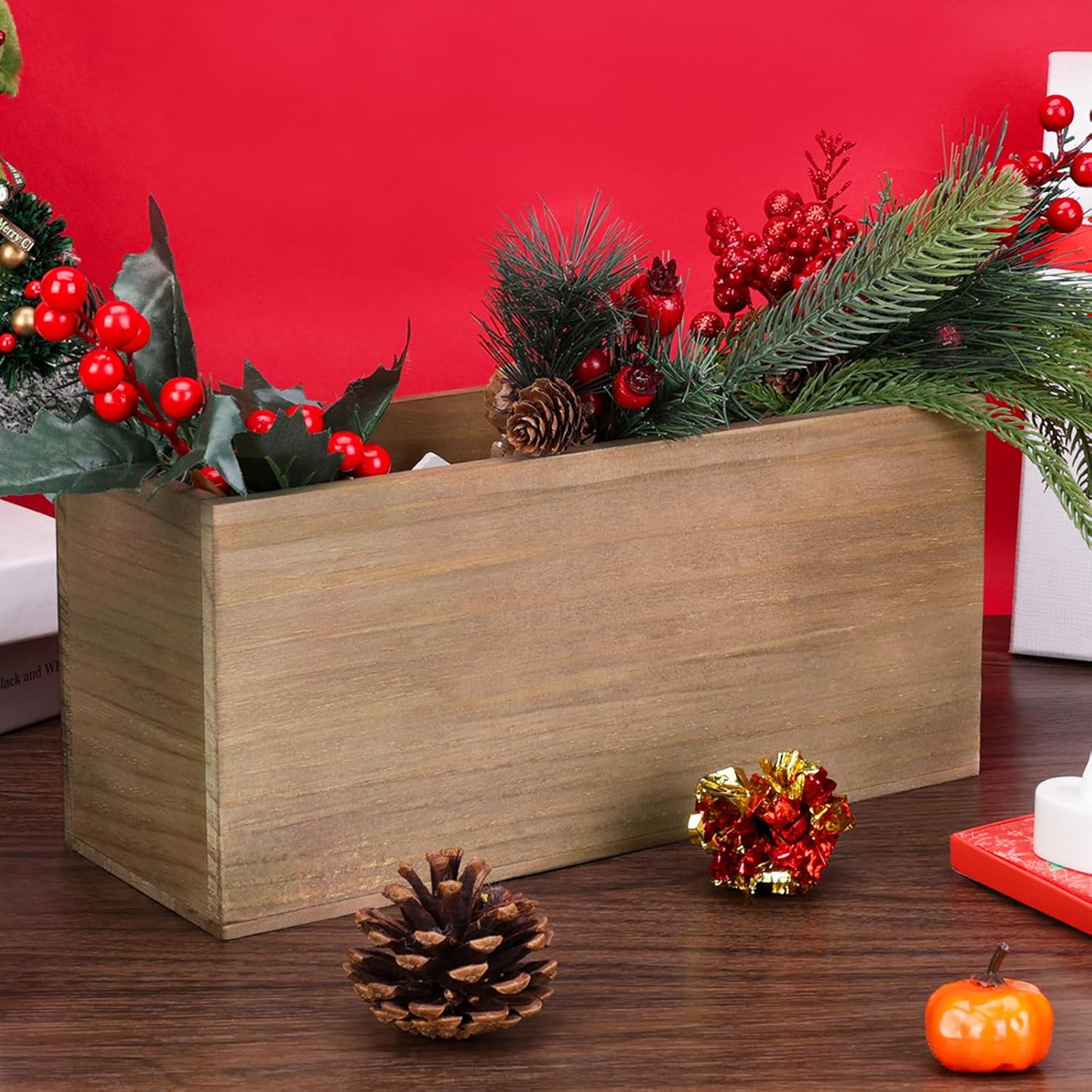 6 Pcs Rustic Wooden Boxes for Storage, Decorative, Display, Arts & Crafts, Rectangle Wooden Crate Wood Planter Box Party Food Risers Wedding Table Centerpiece Home Decor, Brown