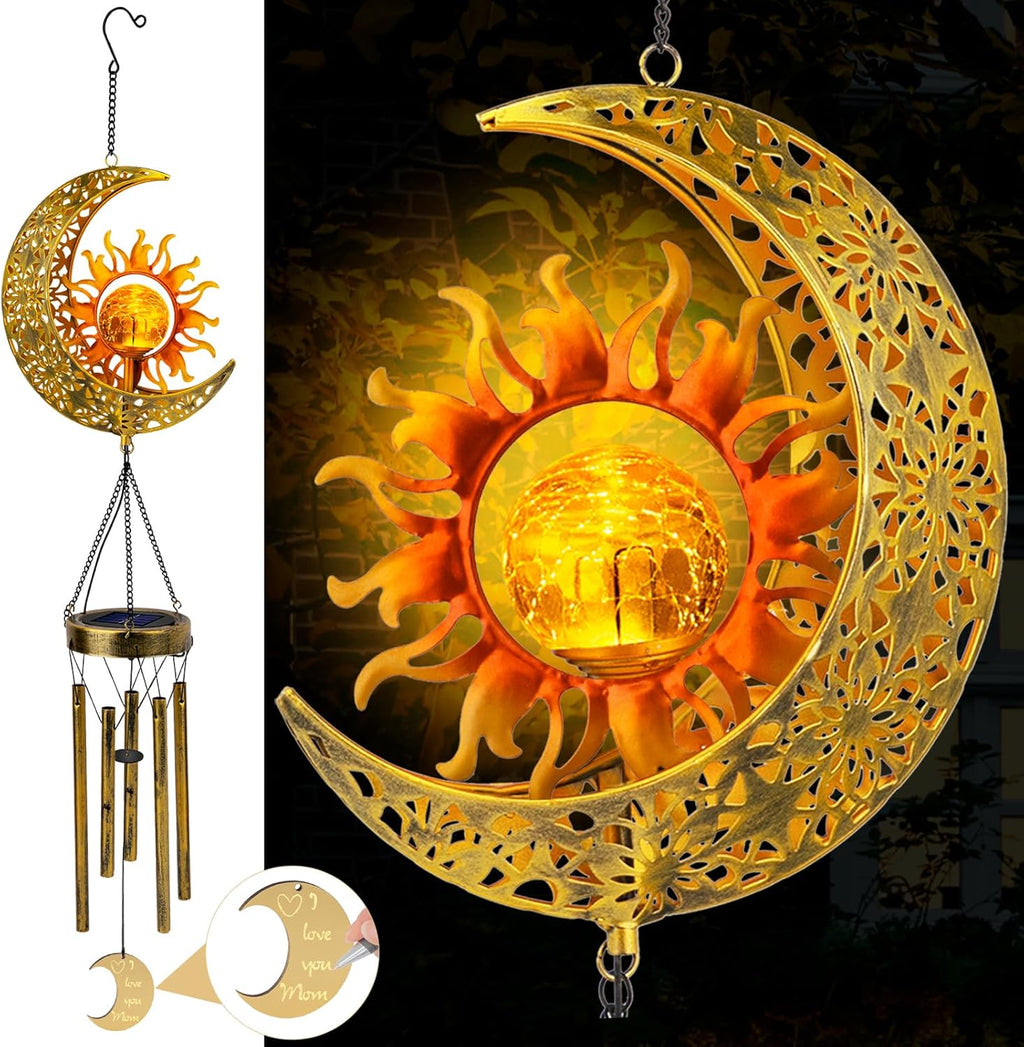 47-Inch Sun Moon Solar Wind Chimes Waterproof with Glowing Crackle Glass Ball Outdoor Decor, Unique Birthday Christmas Gifts for Mom Grandma Women Wife Patio Yard Garden