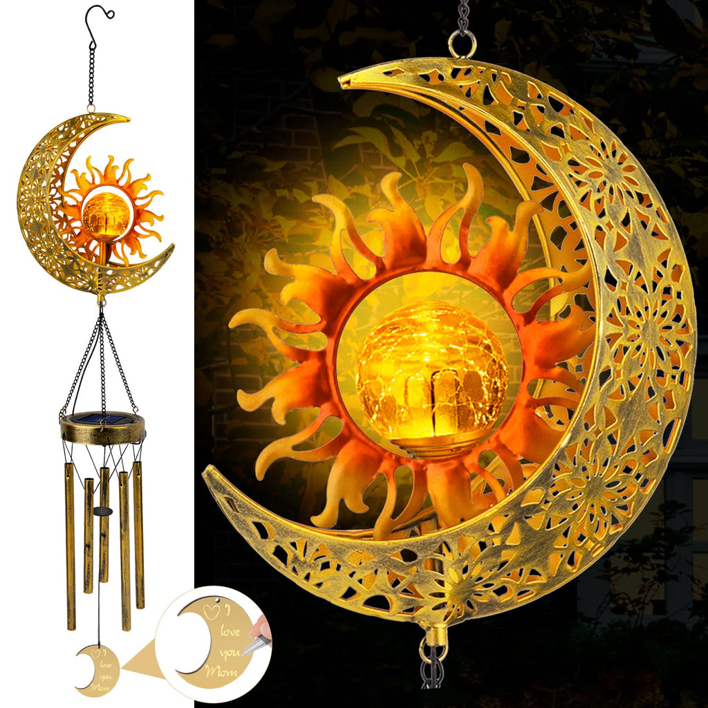 47-Inch Sun Moon Solar Wind Chimes Waterproof with Glowing Crackle Glass Ball Outdoor Decor, Unique Birthday Christmas Gifts for Mom Grandma Women Wife Patio Yard Garden