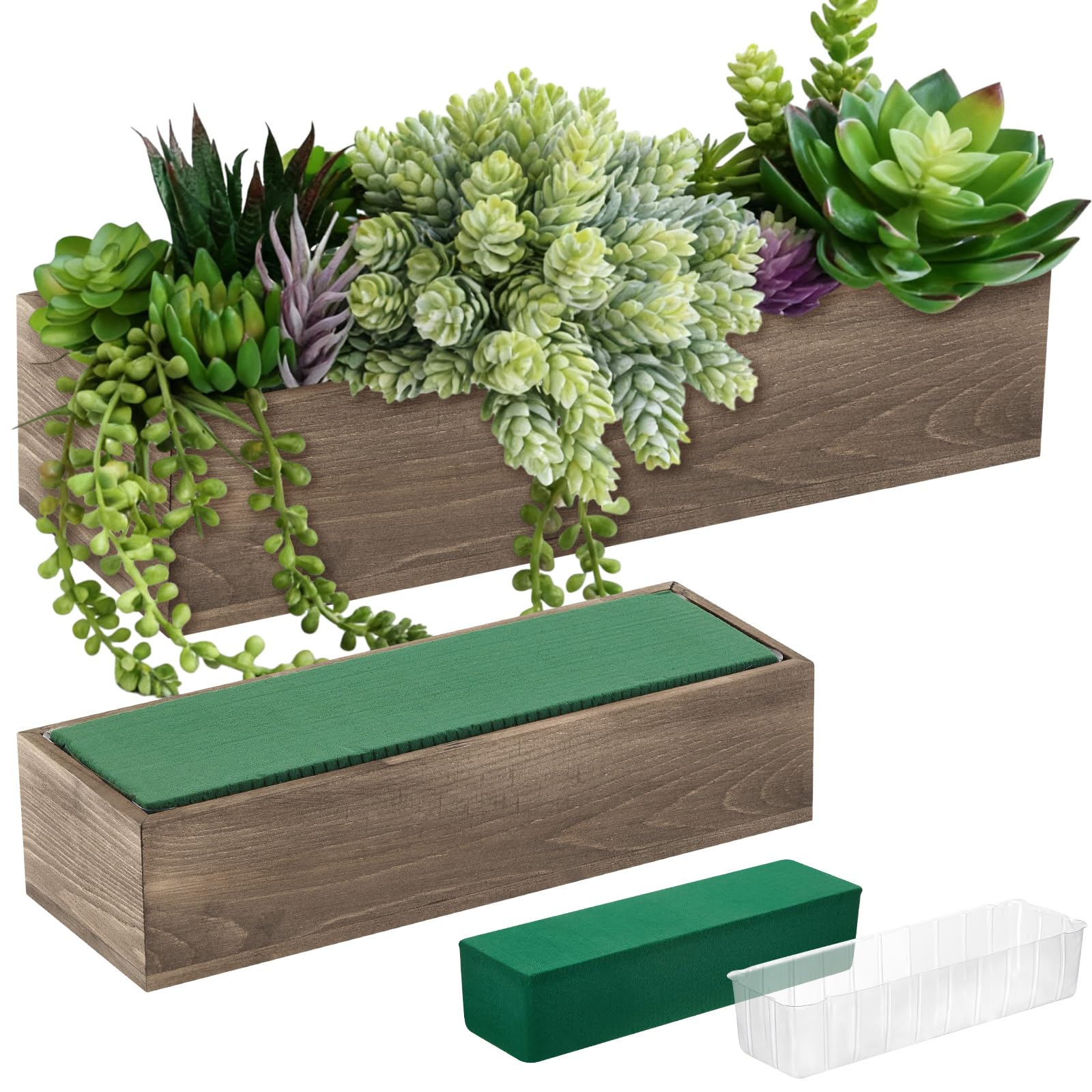 Set of 2 White 16x4 Inch Rustic Rectangle Wooden Planter Boxes with Plastic Liners Floral Foam for Wedding Christmas Home Garden Centerpiece Decor