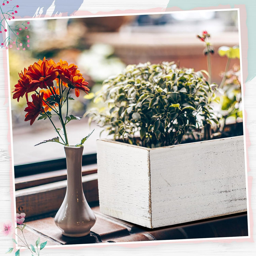 Set of 2 White 16x4 Inch Rustic Rectangle Wooden Planter Boxes with Plastic Liners Floral Foam for Wedding Christmas Home Garden Centerpiece Decor