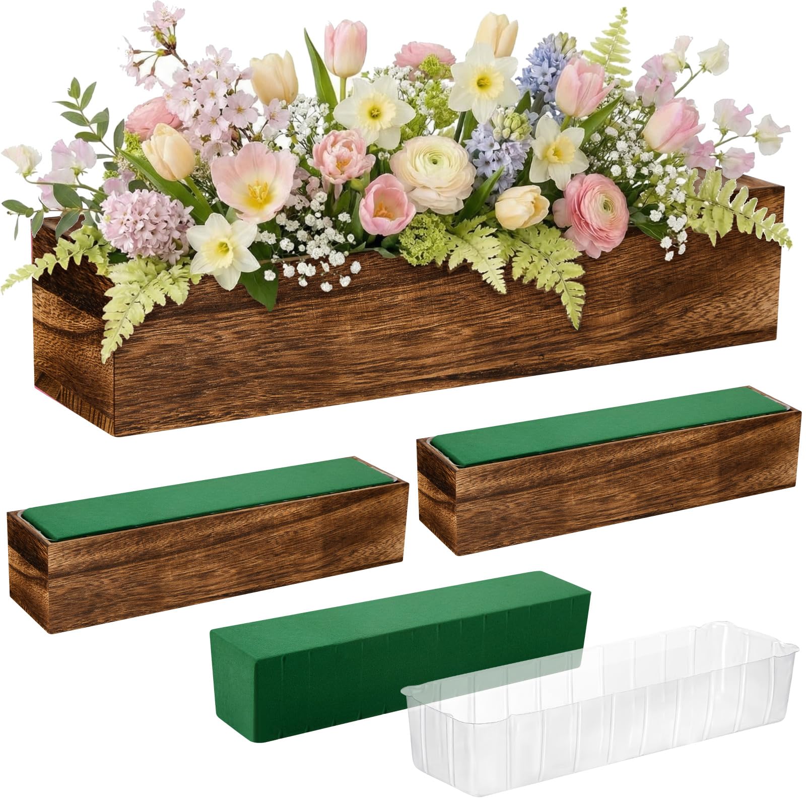 Dandat 4 Set Wood Boxes for Centerpieces 12x4 Inch Rectangle Wooden Planter Box Rustic Wood Planter with Removable Plastic Liner Floral Foam Blocks for Centerpieces Home Wedding Garden Decor