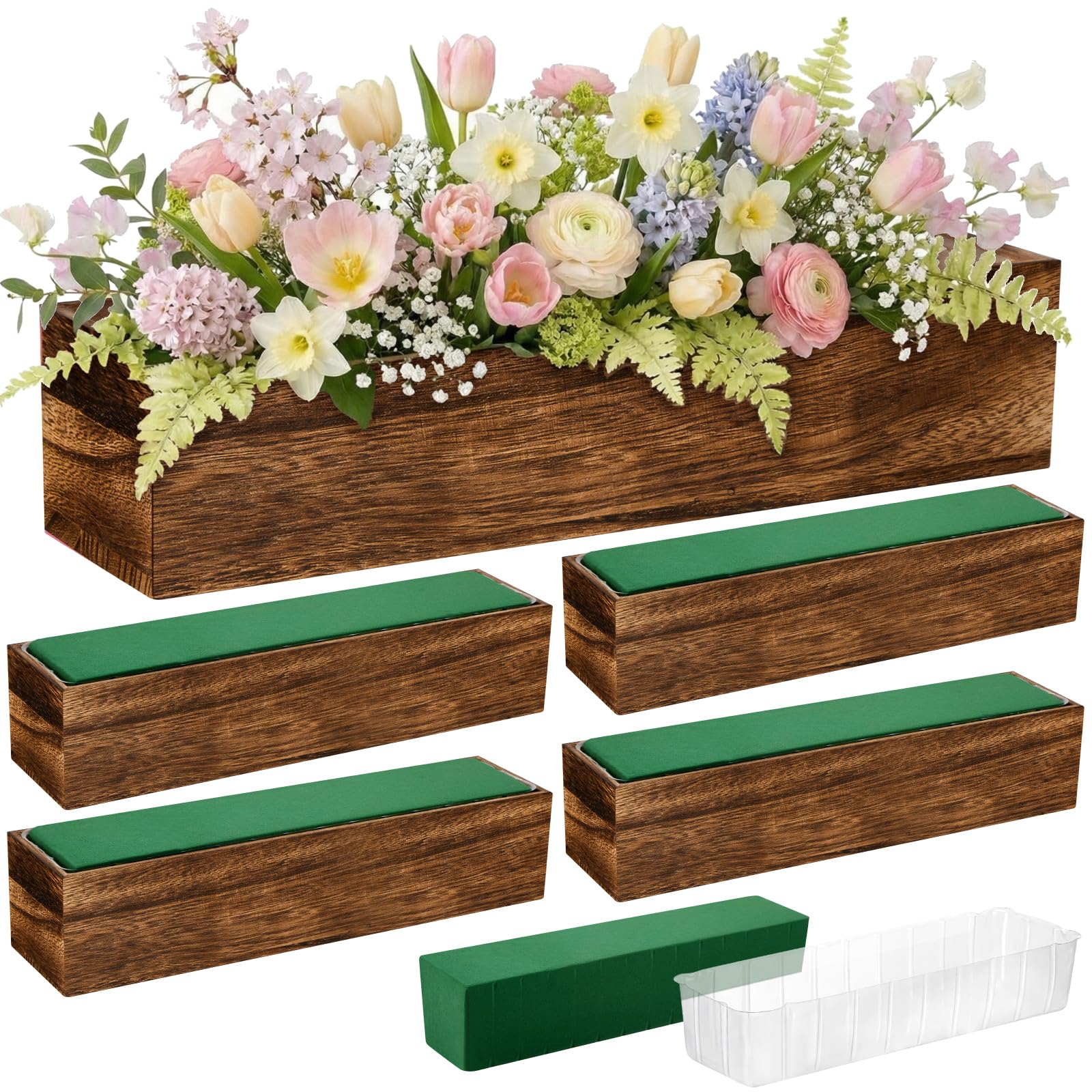 Dandat 2 Set Wood Boxes for Centerpieces 16x4 Inch Rectangle Wooden Planter Box Rustic Wood Planter with Removable Plastic Liner Floral Foam Blocks for Centerpieces Home Wedding Garden Decor