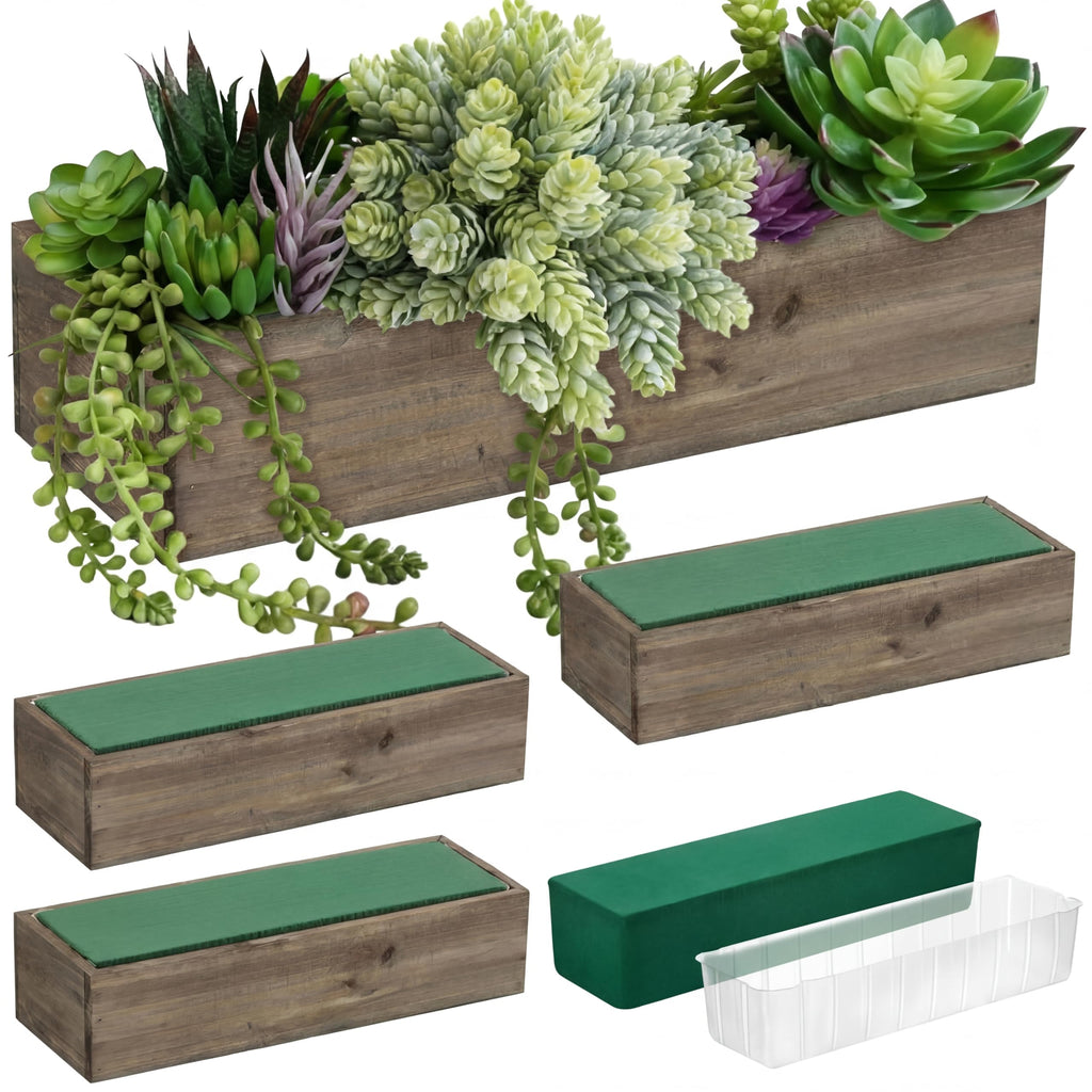 Set of 2 White 16x4 Inch Rustic Rectangle Wooden Planter Boxes with Plastic Liners Floral Foam for Wedding Christmas Home Garden Centerpiece Decor