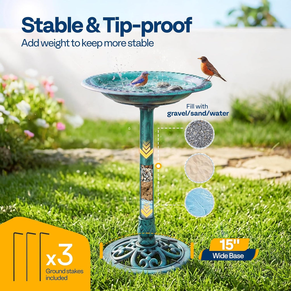 VIVOHOME Bird Bath for Outside, Polyresin Pedestal Bird Baths for Outdoor, Garden, 28 Inch Height Weather-Resistant Birdbaths with 20" Bowl, Green