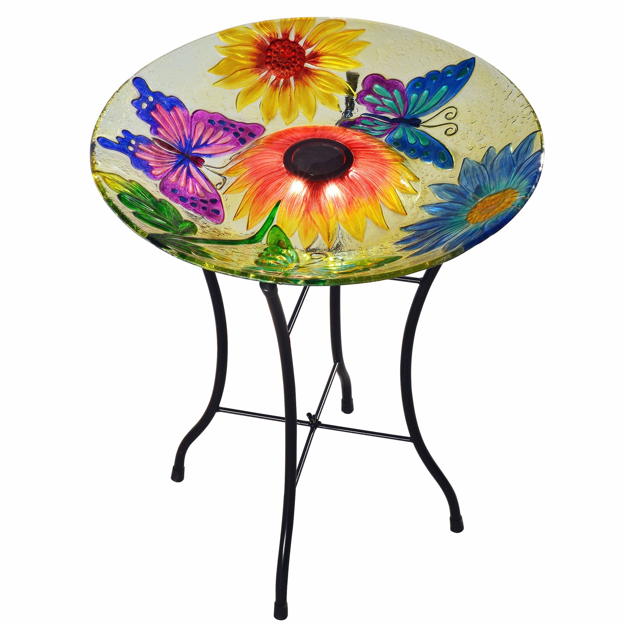 Teamson Home Handpainted Mosaic Flower Fusion Glass Pedestal Bird Bath for Outdoor Patio Garden Backyard Decking Décor, 21 inch Height, Blue and Purple