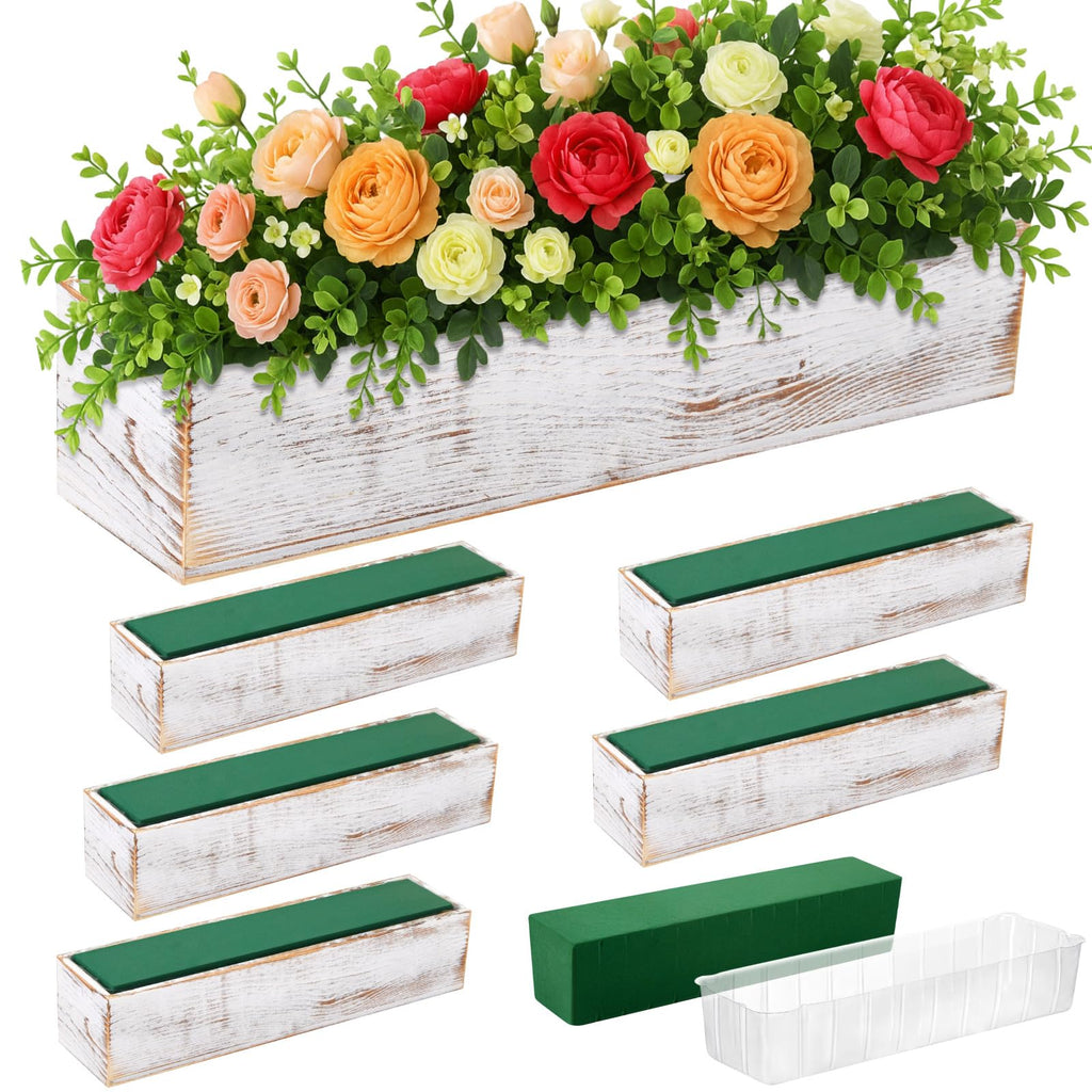 Set of 2 White 16x4 Inch Rustic Rectangle Wooden Planter Boxes with Plastic Liners Floral Foam for Wedding Christmas Home Garden Centerpiece Decor