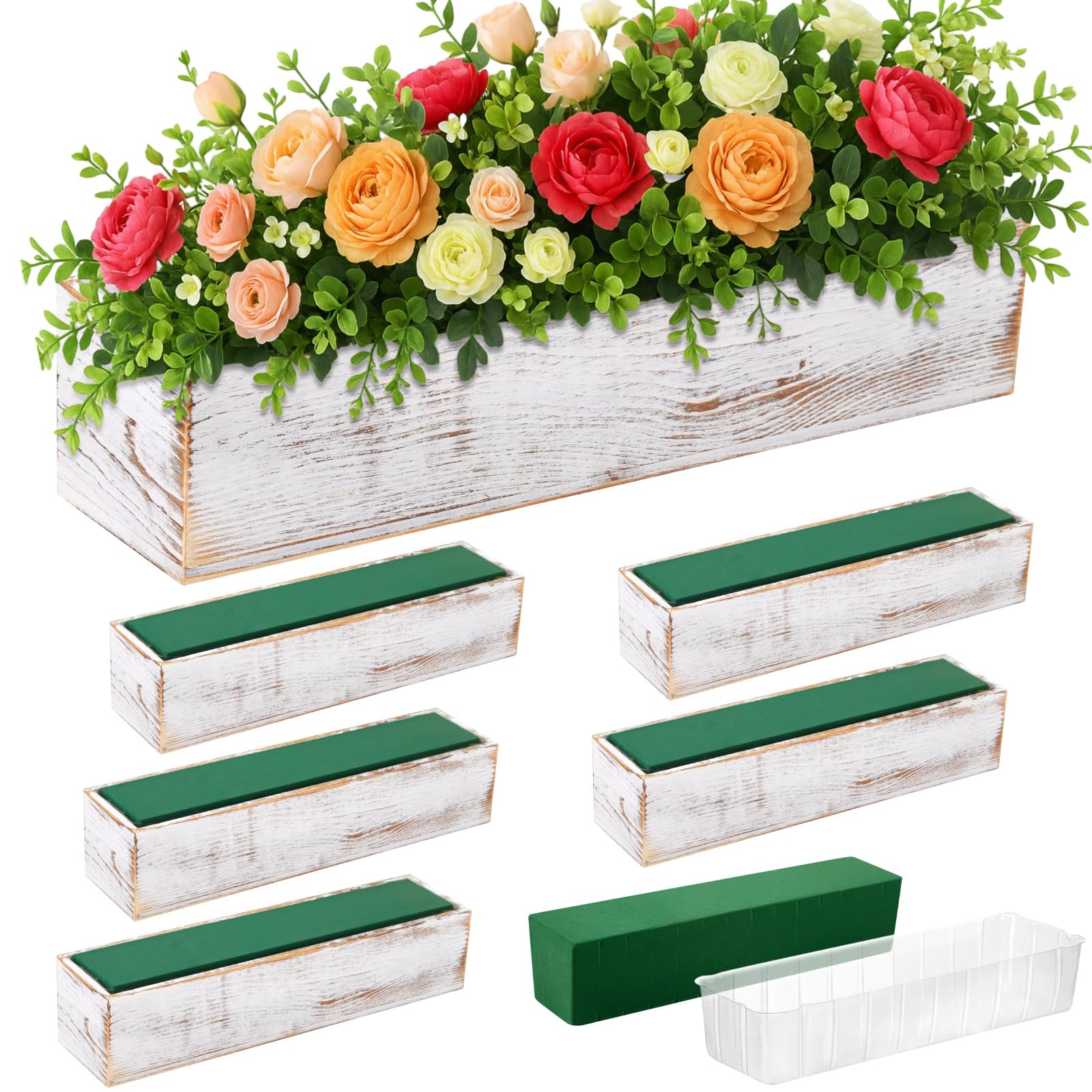 Set of 2 White 16x4 Inch Rustic Rectangle Wooden Planter Boxes with Plastic Liners Floral Foam for Wedding Christmas Home Garden Centerpiece Decor