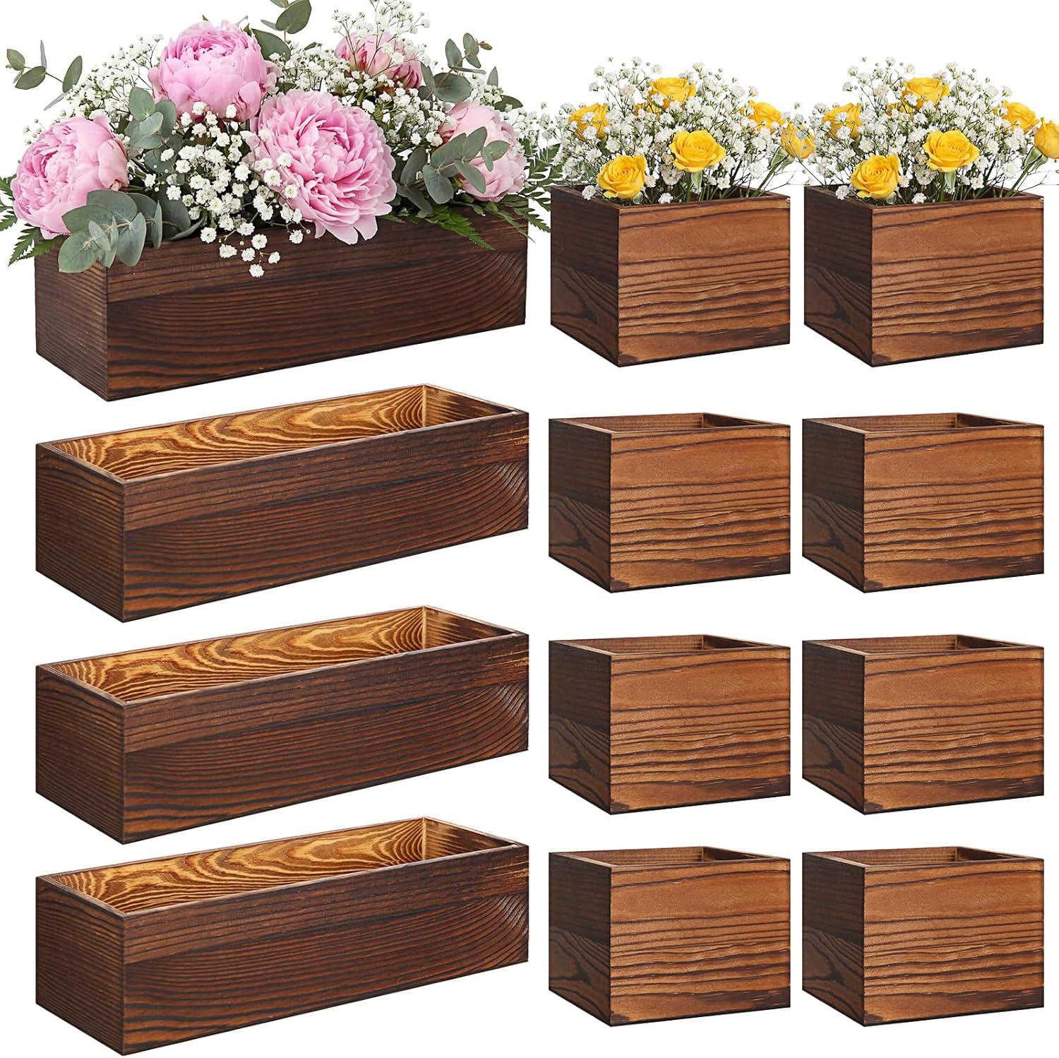 Leinuosen 12 Wooden Planter Boxes Set, 4 Pcs 12 x 4 Inch Rectangle Wood Planter Box 8 Pcs 4 x 4 Inch Wooden Cube Flower Pots Rustic Square Wood Vase for Centerpiece Wedding Decoration(Classic,Brown)