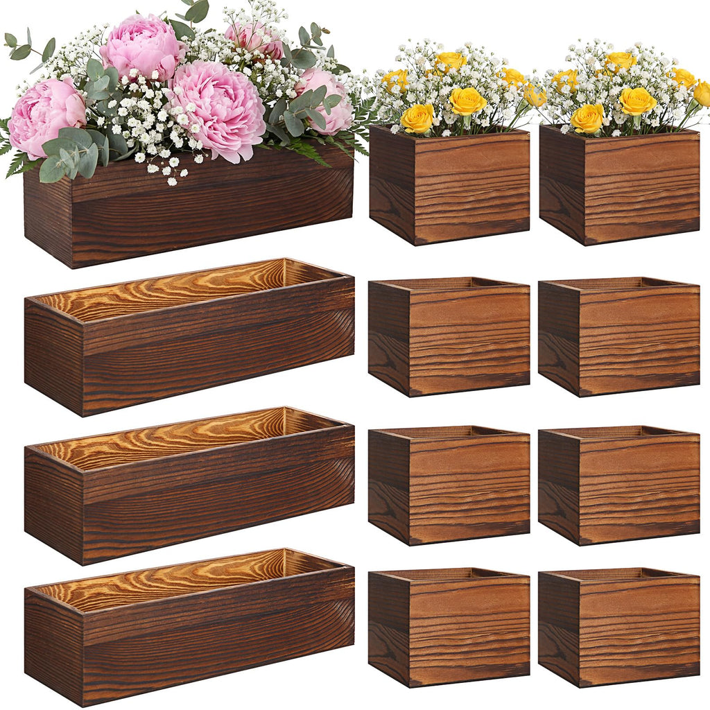 Leinuosen 12 Wooden Planter Boxes Set, 4 Pcs 12 x 4 Inch Rectangle Wood Planter Box 8 Pcs 4 x 4 Inch Wooden Cube Flower Pots Rustic Square Wood Vase for Centerpiece Wedding Decoration(Classic,Brown)