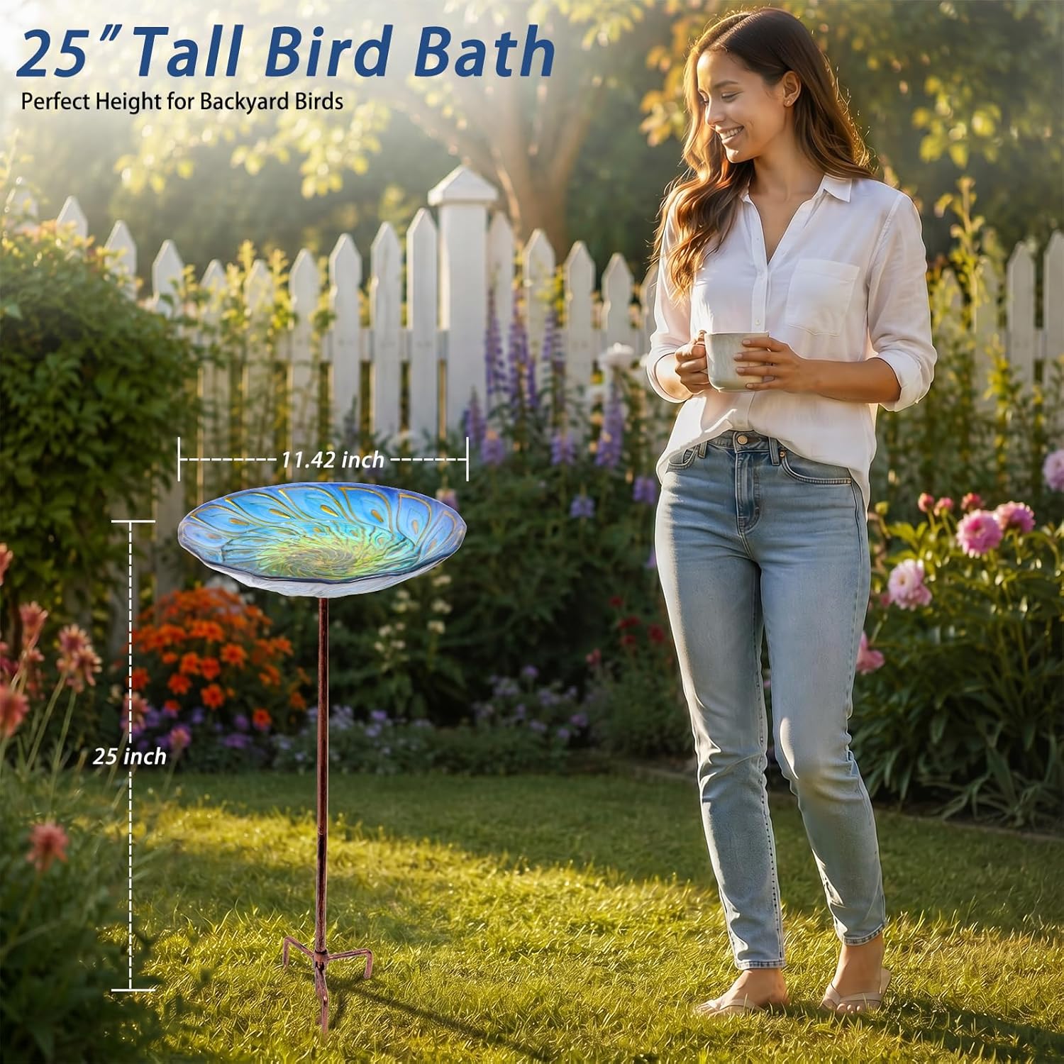 MUMTOP Glass Bird Bath, Garden Outdoor Birdbaths Birdfeeder with Metal Stake Peacock