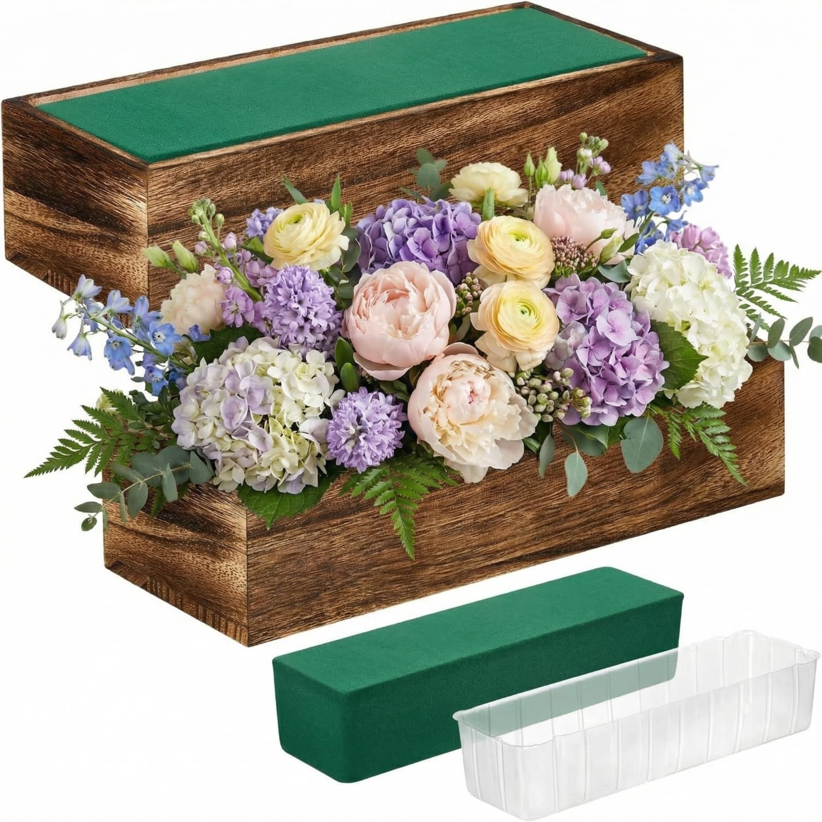 Dandat 4 Set Wood Boxes for Centerpieces 12x4 Inch Rectangle Wooden Planter Box Rustic Wood Planter with Removable Plastic Liner Floral Foam Blocks for Centerpieces Home Wedding Garden Decor