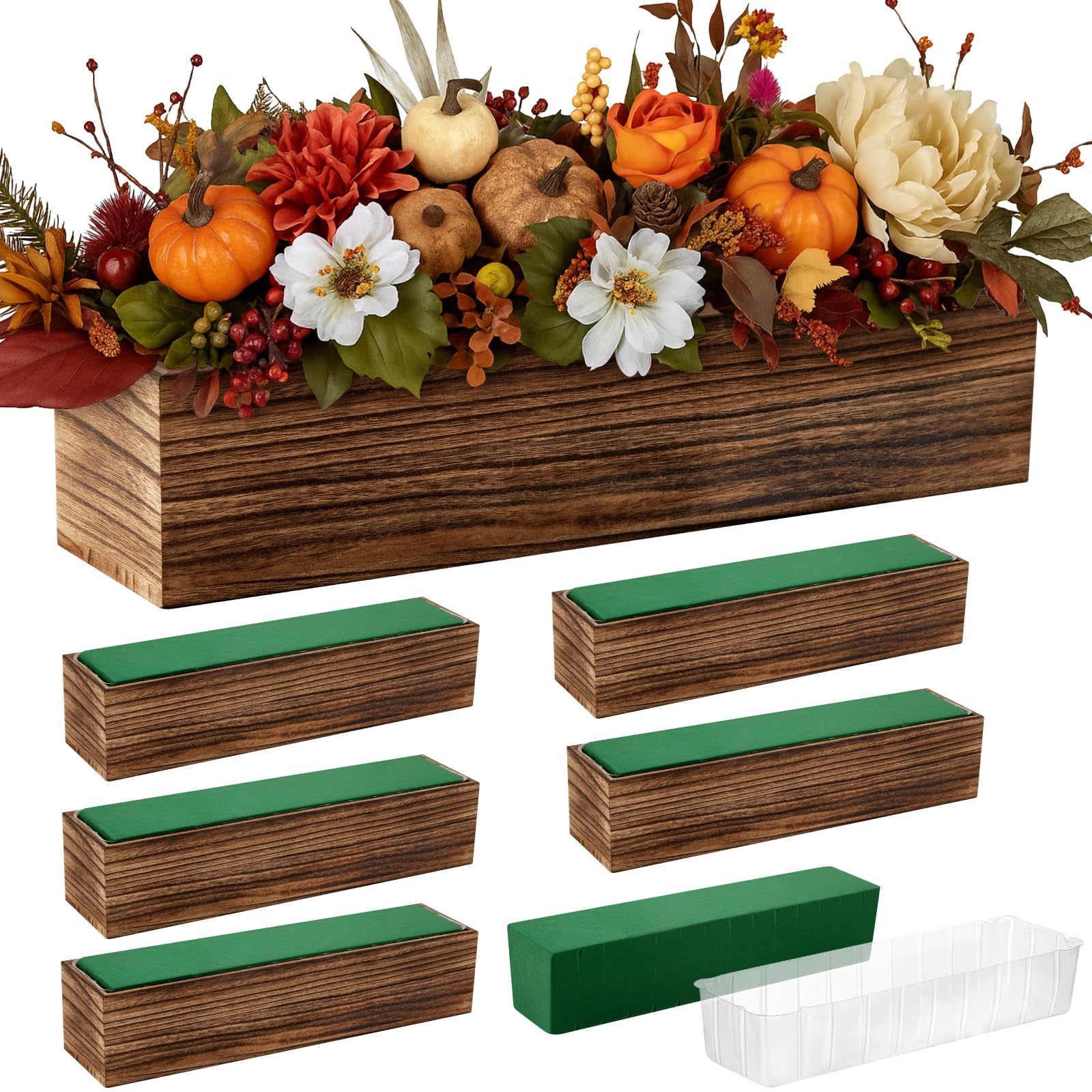 Dandat 4 Set Wood Boxes for Centerpieces 12x4 Inch Rectangle Wooden Planter Box Rustic Wood Planter with Removable Plastic Liner Floral Foam Blocks for Centerpieces Home Wedding Garden Decor