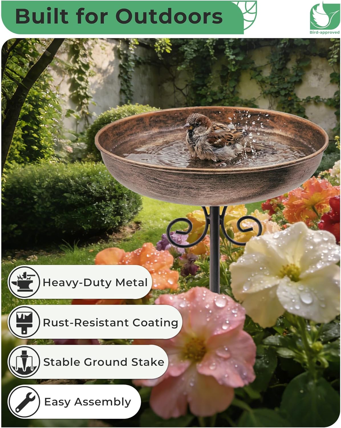 Small Metal Bird Bath for Outdoors, 10" Dia Bowl with Stake Birdbaths Garden Yard Lawn Decor 0.4 Gallon