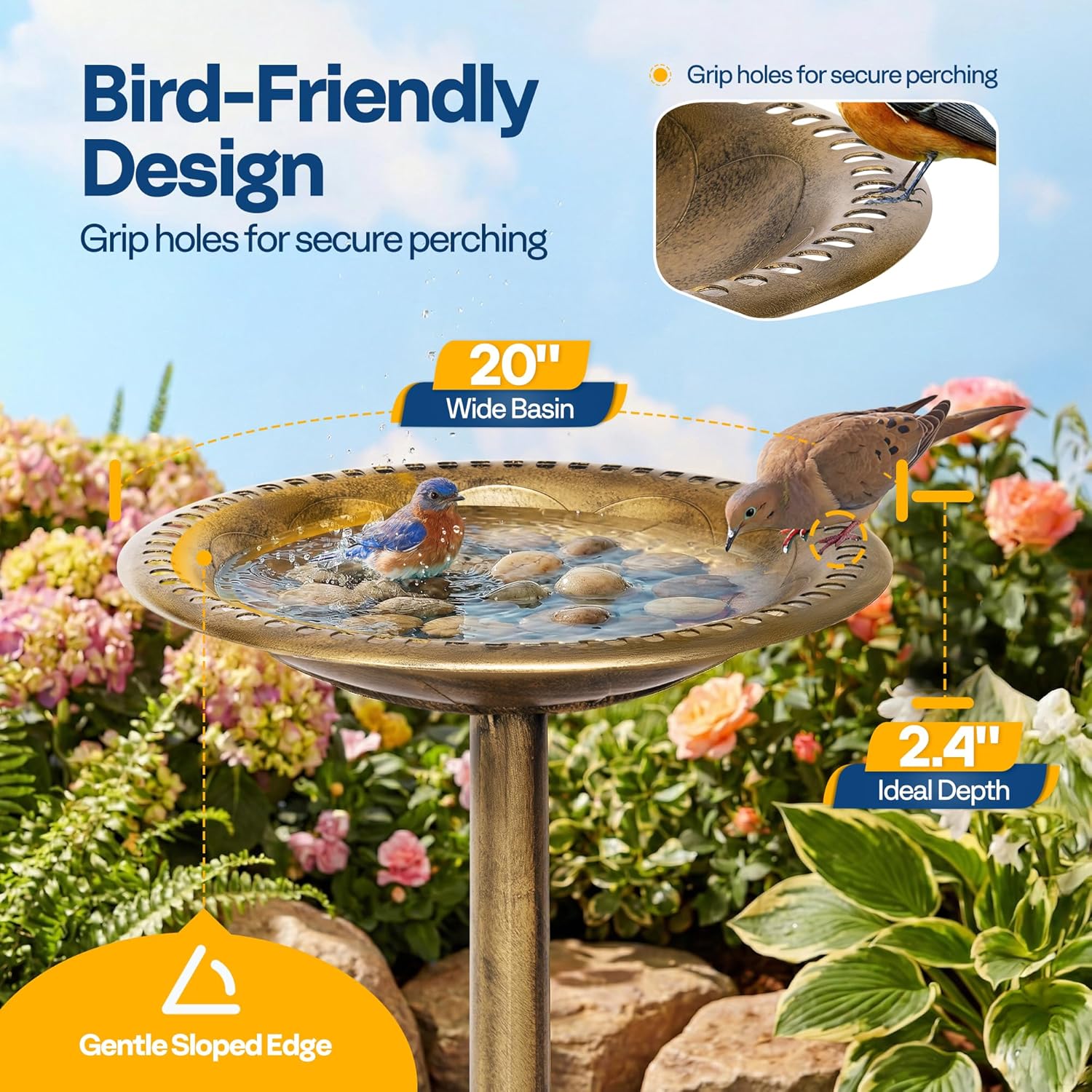 VIVOHOME Bird Bath for Outside, Polyresin Pedestal Bird Baths for Outdoor, Garden, 28 Inch Height Weather-Resistant Birdbaths with 20" Bowl, Antique Copper
