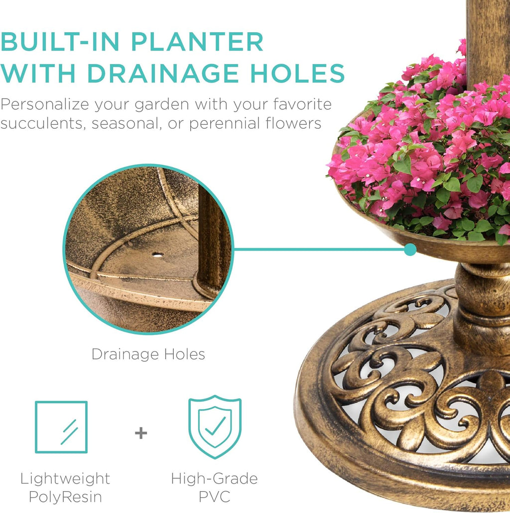 Best Choice Products Outdoor Solar Lighted Pedestal Bird Bath Fountain Decoration w/Planter, Integrated Panel, Scroll Accents for Lawn, Garden - Bronze