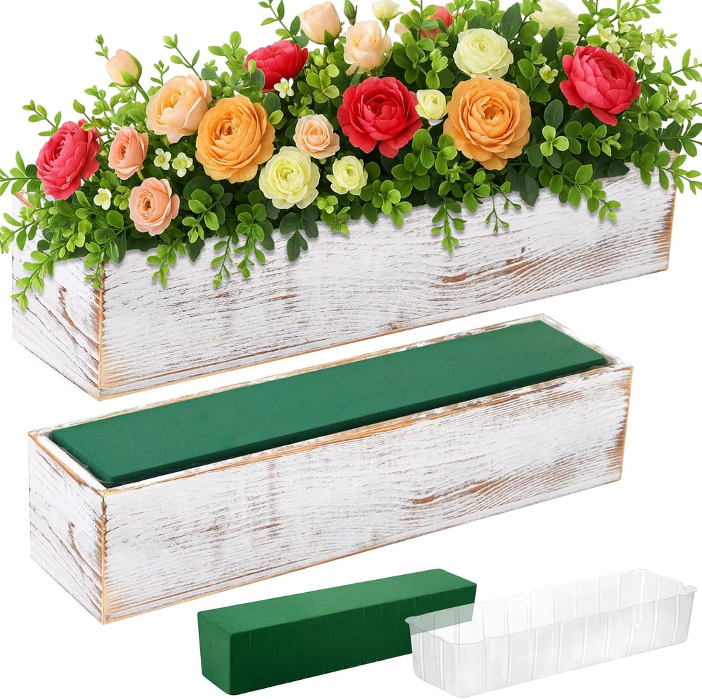 Set of 2 White 16x4 Inch Rustic Rectangle Wooden Planter Boxes with Plastic Liners Floral Foam for Wedding Christmas Home Garden Centerpiece Decor