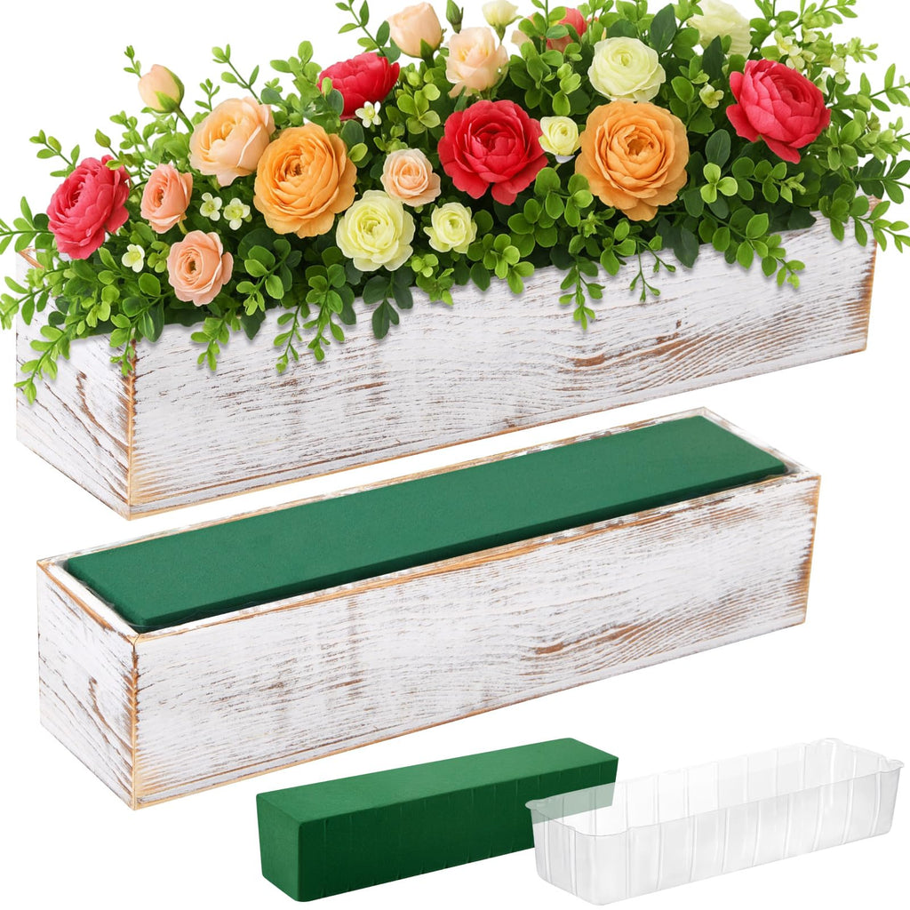 Set of 2 White 16x4 Inch Rustic Rectangle Wooden Planter Boxes with Plastic Liners Floral Foam for Wedding Christmas Home Garden Centerpiece Decor