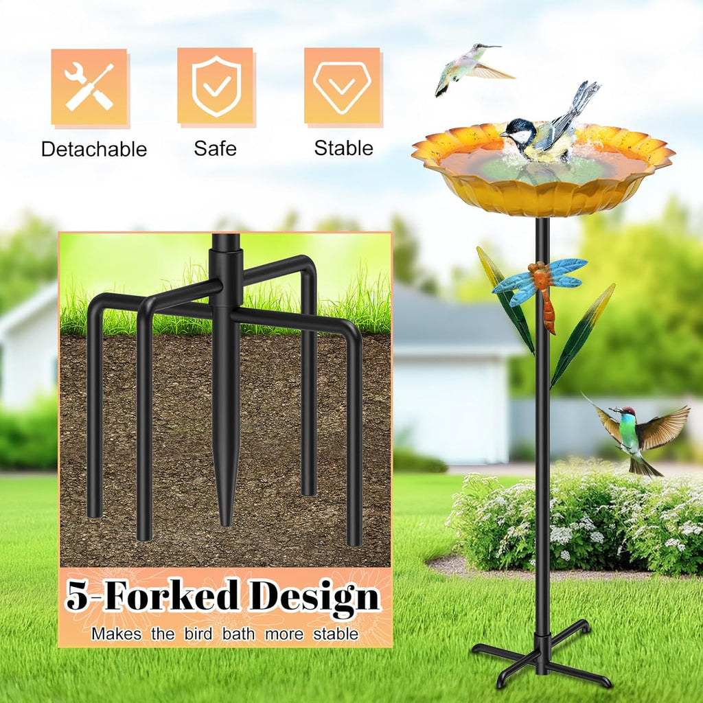 Metal Sunflower Bird Baths for Outside, 2” Deep x 10.2" W Vintage Bird Feeder Water Bowl with 5 Prongs Base, 34” Freestanding Garden Birdbaths for Outdoors Patio Yard Lawn Art Decor Yellow