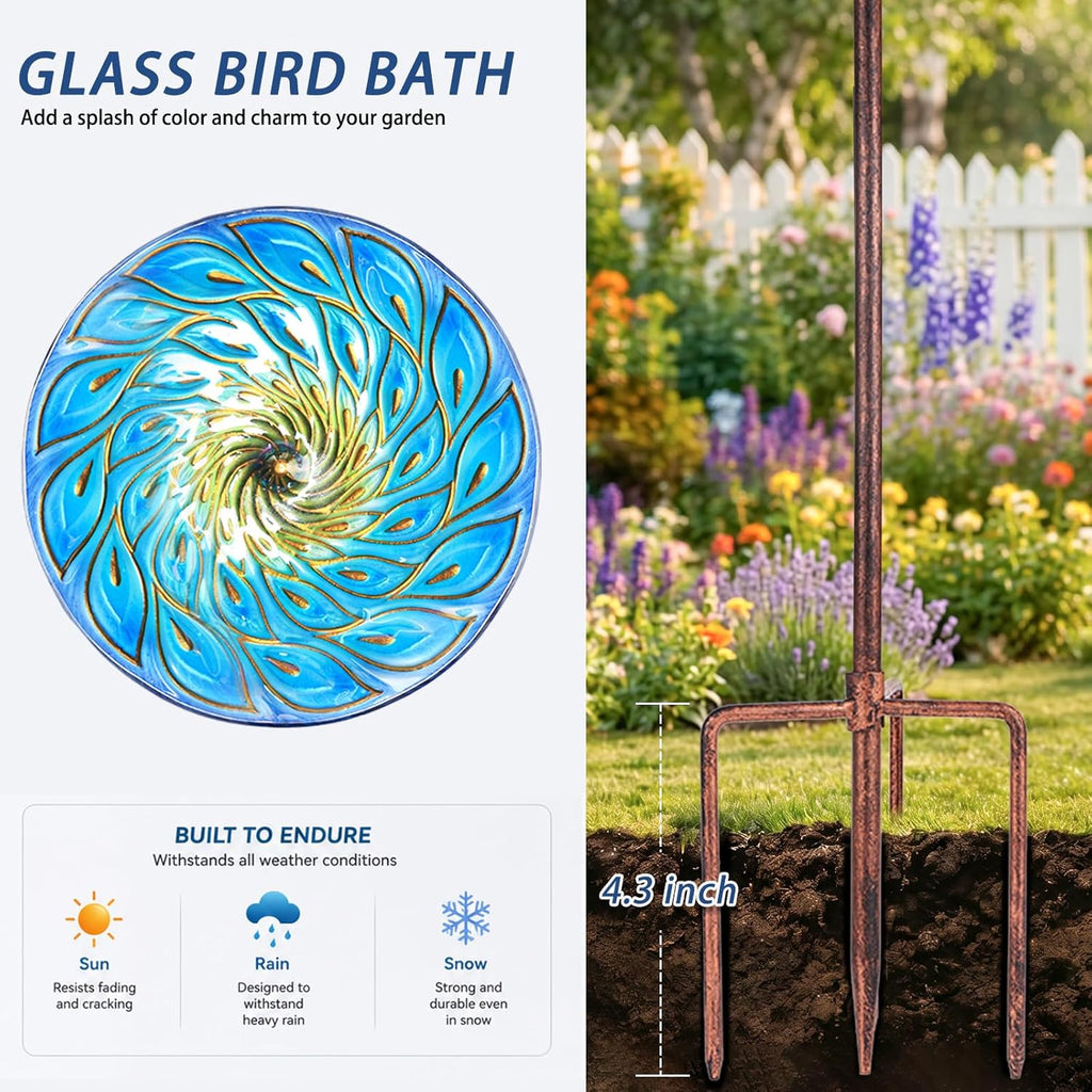 MUMTOP Glass Bird Bath, Garden Outdoor Birdbaths Birdfeeder with Metal Stake Peacock