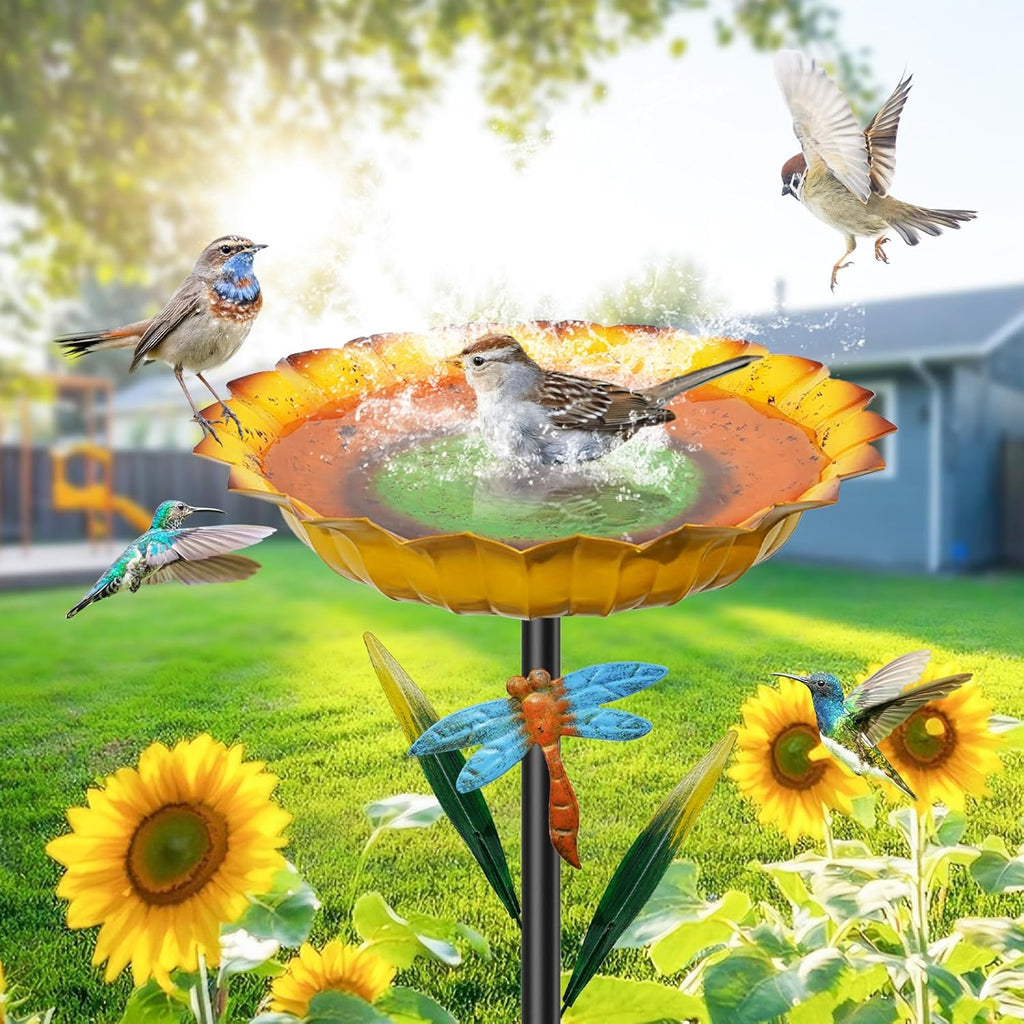 Metal Sunflower Bird Baths for Outside, 2” Deep x 10.2" W Vintage Bird Feeder Water Bowl with 5 Prongs Base, 34” Freestanding Garden Birdbaths for Outdoors Patio Yard Lawn Art Decor Yellow
