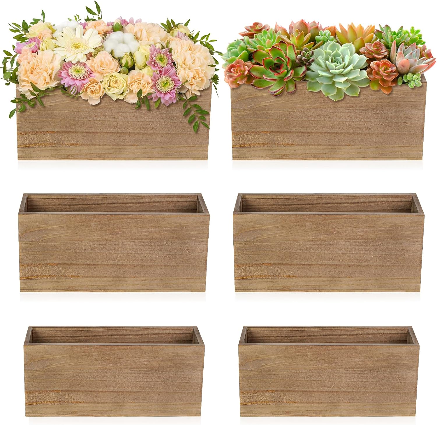 6 Pcs Rustic Wooden Boxes for Storage, Decorative, Display, Arts & Crafts, Rectangle Wooden Crate Wood Planter Box Party Food Risers Wedding Table Centerpiece Home Decor, Brown