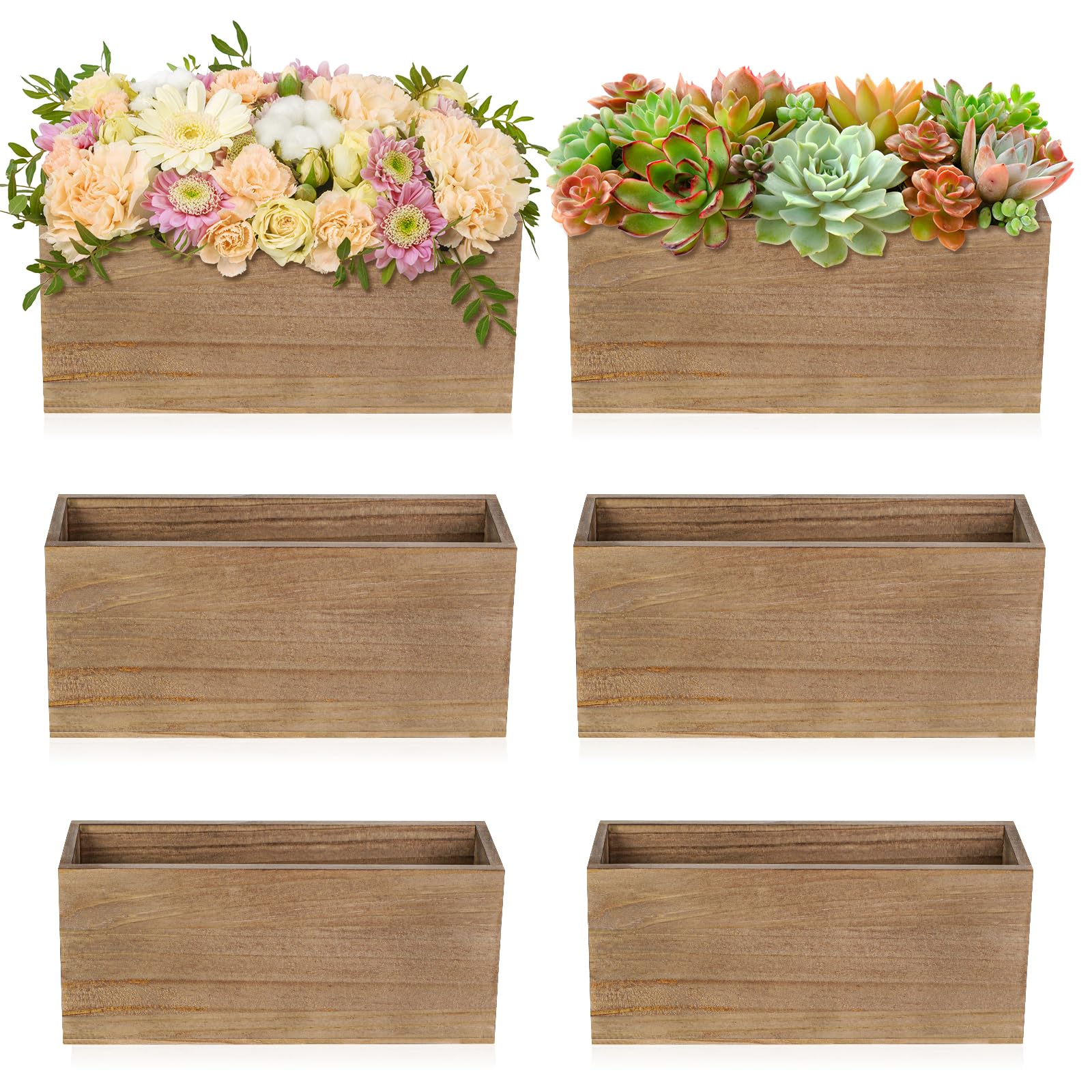 6 Pcs Rustic Wooden Boxes for Storage, Decorative, Display, Arts & Crafts, Rectangle Wooden Crate Wood Planter Box Party Food Risers Wedding Table Centerpiece Home Decor, Brown