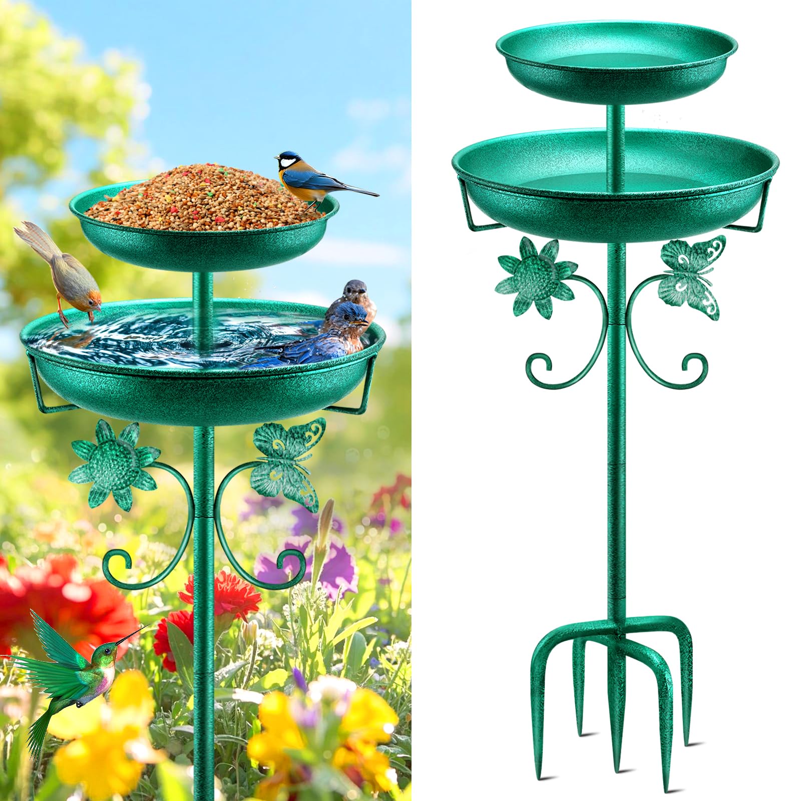 Daoeny Bird Bath for Outside, 42In Vintage Freestanding Birdbaths for Outdoors, Double Metal Bird Bath Feeder Bowls for Garden Patio Yard Lawn Decor, Upgraded 5-Pronged Base (Antique Bronze)