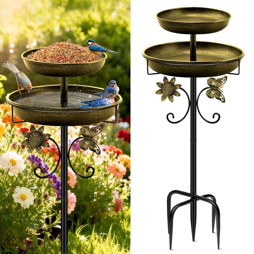 Daoeny Bird Bath for Outside, 42In Vintage Freestanding Birdbaths for Outdoors, Double Metal Bird Bath Feeder Bowls for Garden Patio Yard Lawn Decor, Upgraded 5-Pronged Base (Antique Bronze)