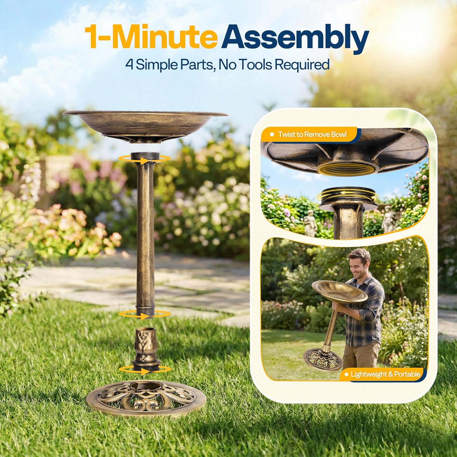 VIVOHOME Bird Bath for Outside, Polyresin Pedestal Bird Baths for Outdoor, Garden, 28 Inch Height Weather-Resistant Birdbaths with 20" Bowl, Antique Copper