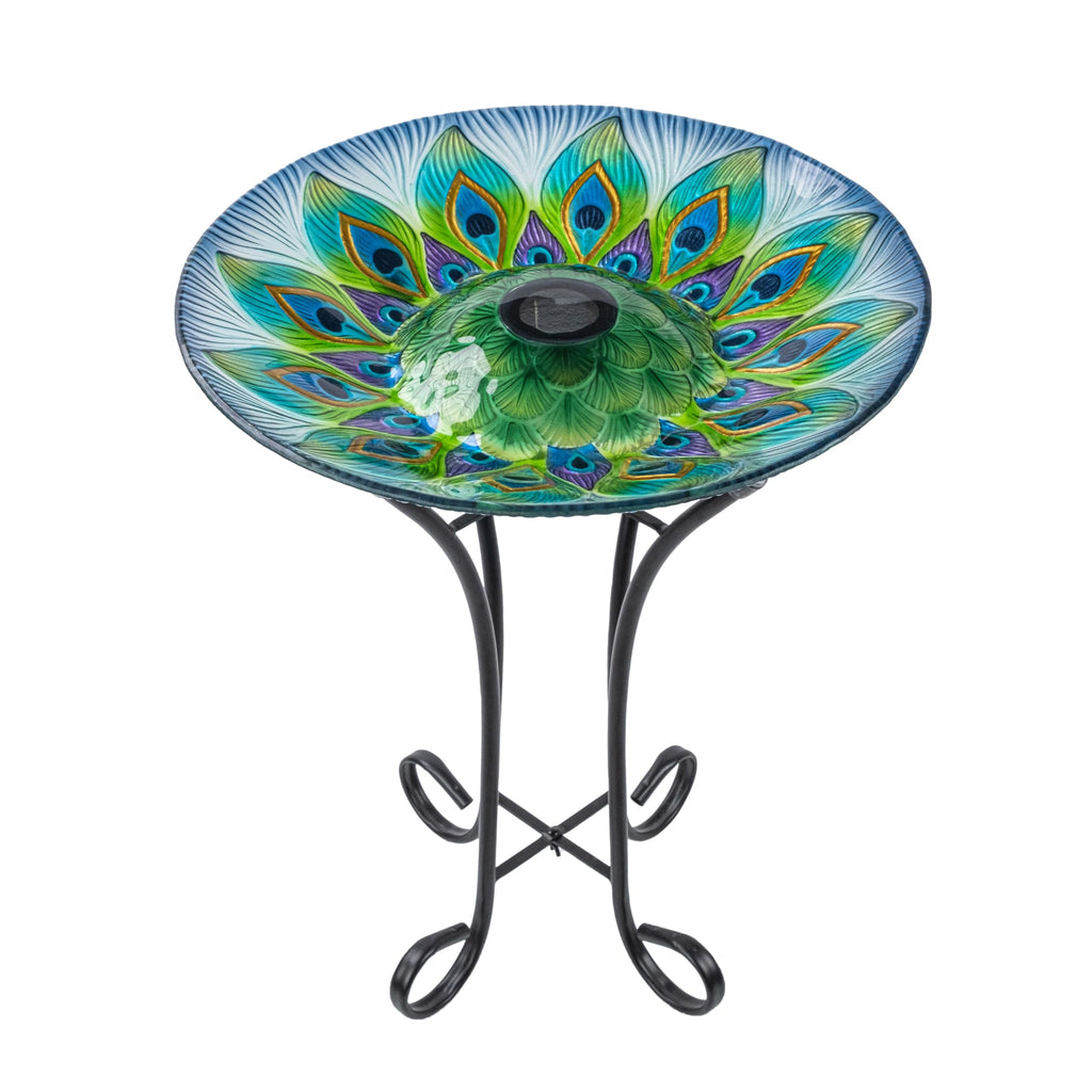 Teamson Home Handpainted Mosaic Flower Fusion Glass Pedestal Bird Bath for Outdoor Patio Garden Backyard Decking Décor, 21 inch Height, Blue and Purple