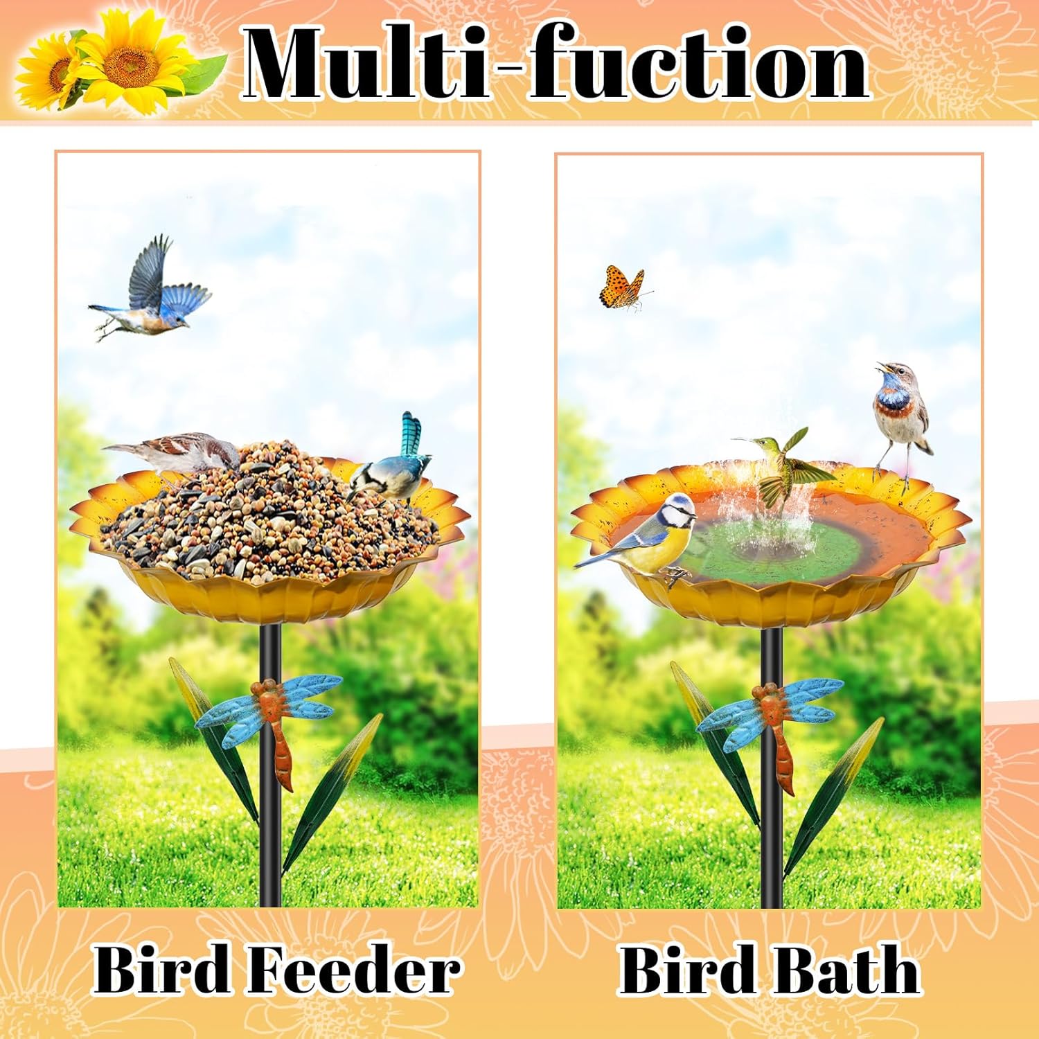 Metal Sunflower Bird Baths for Outside, 2” Deep x 10.2" W Vintage Bird Feeder Water Bowl with 5 Prongs Base, 34” Freestanding Garden Birdbaths for Outdoors Patio Yard Lawn Art Decor Yellow