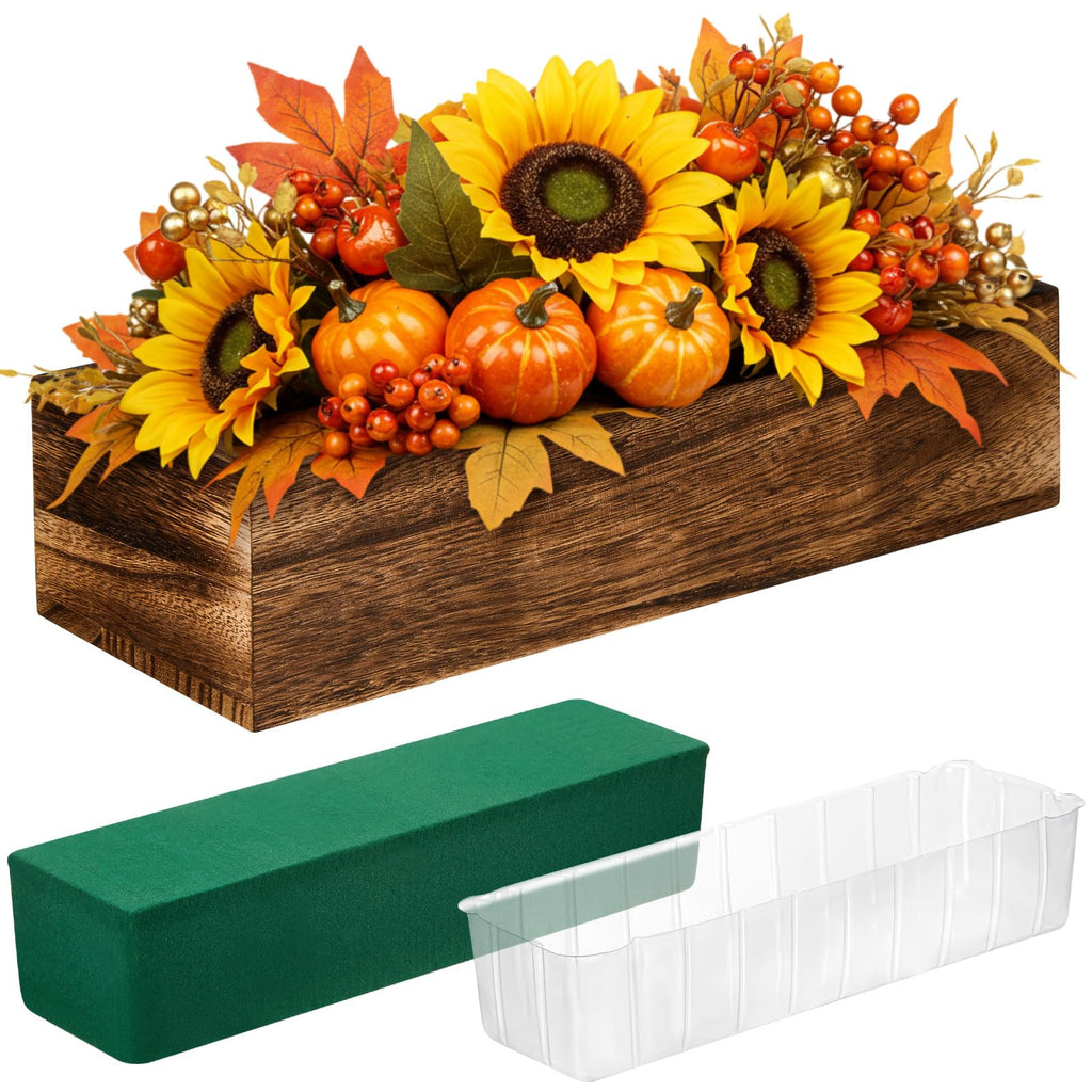 Dandat 4 Set Wood Boxes for Centerpieces 12x4 Inch Rectangle Wooden Planter Box Rustic Wood Planter with Removable Plastic Liner Floral Foam Blocks for Centerpieces Home Wedding Garden Decor